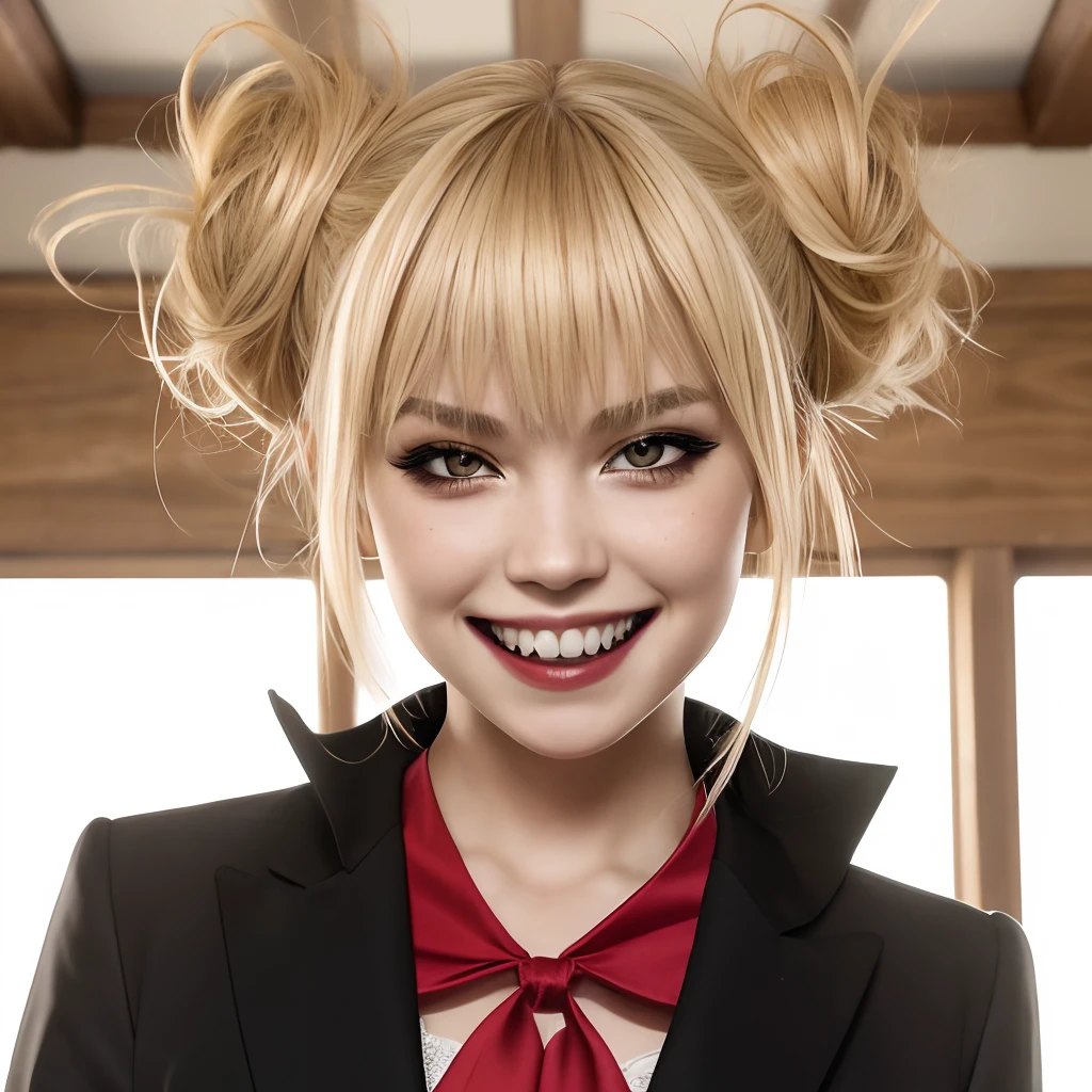 (full body shot, full body:1.2), himiko toga, (blonde hair:1.2),asian, caucasian, blunt bangs, bleached hair, double bun, eyebrows hidden by hair, eyeliner, hair bun, makeup, messy hair, (yellow eyes), fangs, narrow eyes,  creepy smile, realistic, detailed face, girl,  high detailed skin,skin pores, 8k uhd,dslr,soft lighting,high quality,film grain,Fujifilm XT3, (pleated skirt:1.0), eye liner, vampire fangs, (head tilt:1.2), 1girl, (evil smile, creepy stare:1.3), constricted pupils, small pupils, (yellow caridan), long sleeves, (bright red neckerchief:1.2), socks, (fangs:1)