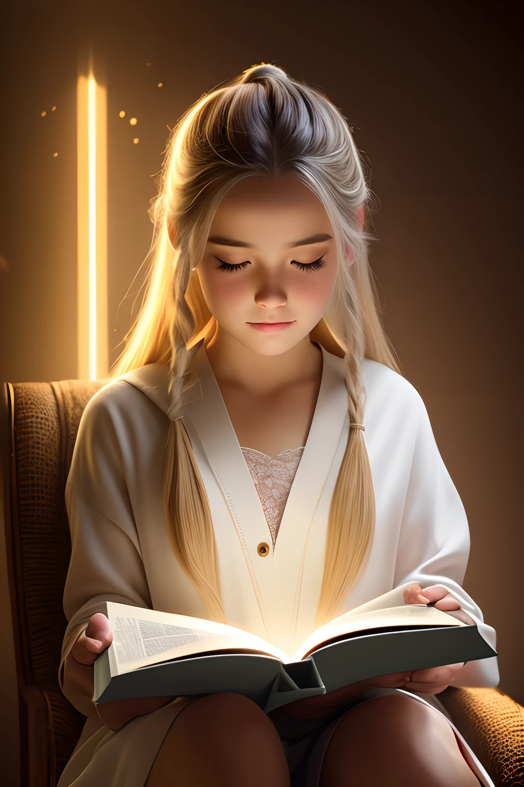 Highly detailed portrait of a beautiful girl, sitting on a comfy chair, opening a book with a gleaming light shining from within the book,  symmetrical face, symmetrical eyes, looks into the camera, stunning photography, photorealistic, art station, soft pastel colours, highly detailed, intricate, path tracing, illustration, insanely detailed, shadow mapping volumetric light, specular lighting