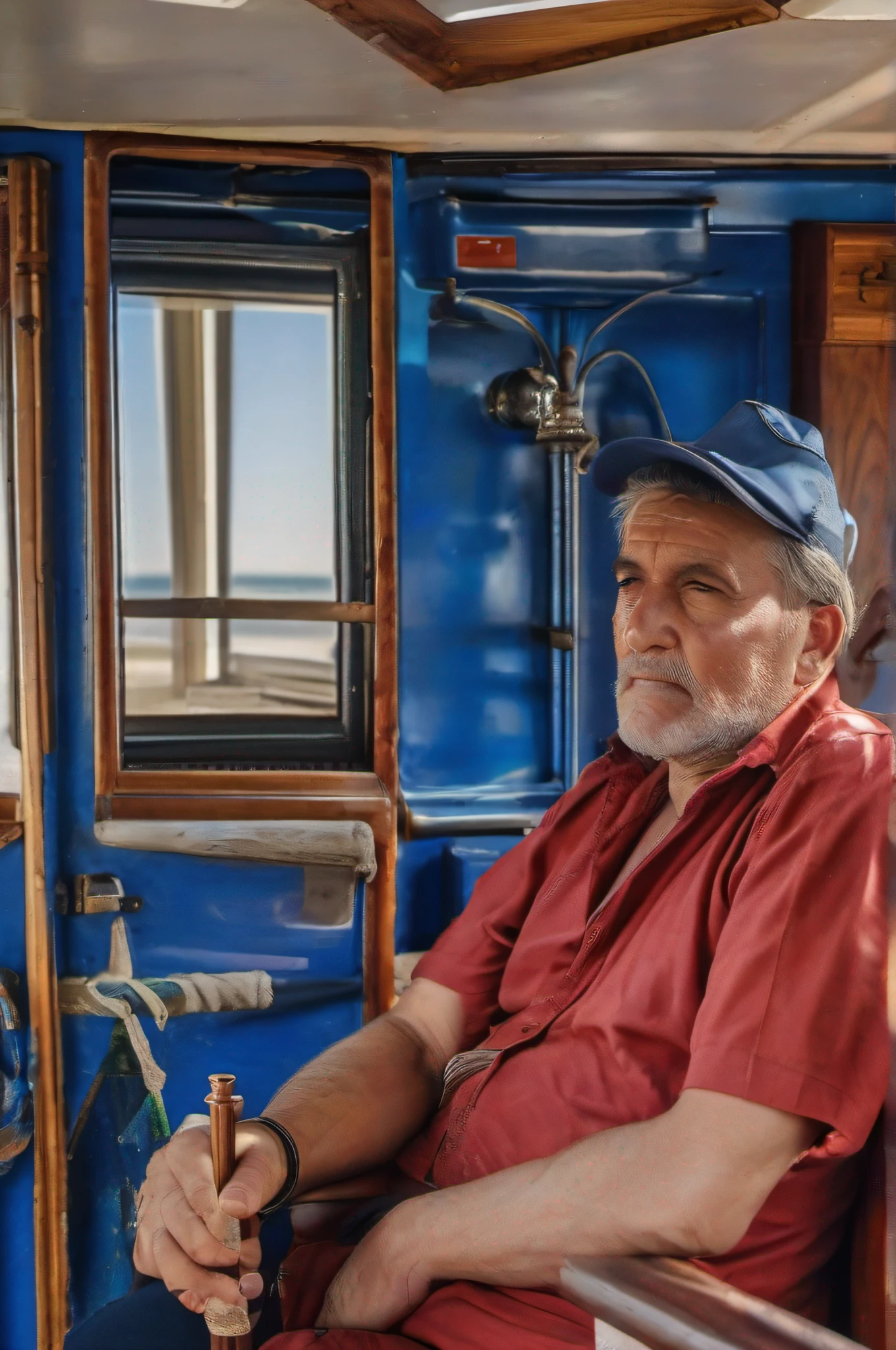 um retrato de um homem anatomia perfeita em cima de um barco, usando um chapel azul, resting on a tough day, 1024px, Mares tempestuosos,