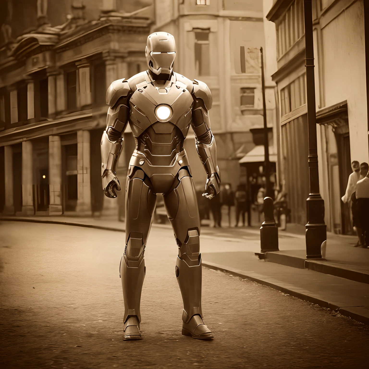 (best quality,4k,8k,highres,masterpiece:1.2), (classical), (Historical photo), (Sepia tone), (noise), ultra-detailed, realistic:1.37, full body shot, Iron Man In the middle of town in 1924, old-fashioned, ancient atmosphere, vintage color tone, soft lighting, grainy texture, black and white, sepia effect, antique film style