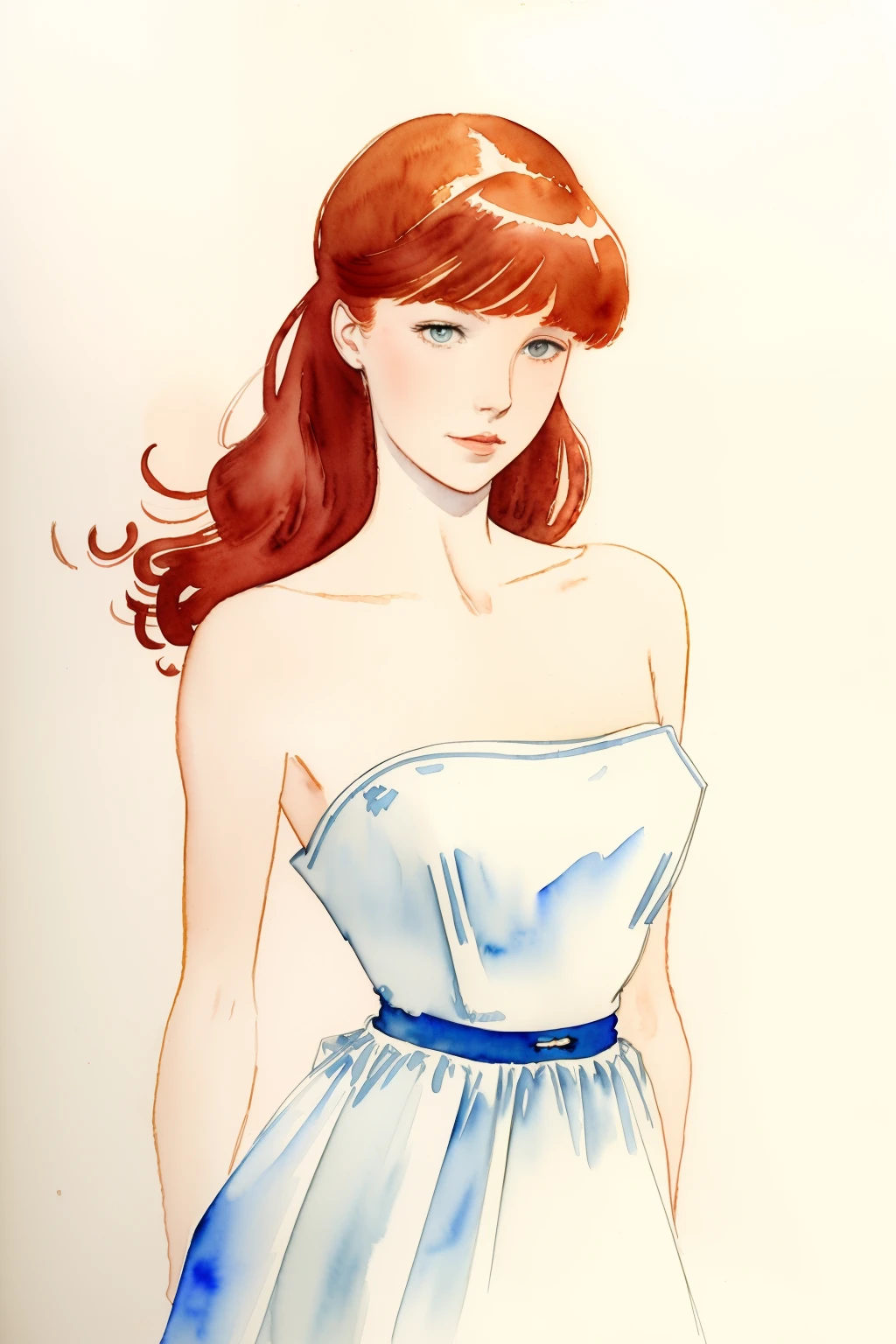 (best quality), ((masterpiece)), 8k 25 year old, redhead girl, alluring, armpit lenght hair (((upturned eyes))) cute ((strapless white dress)) slender build, ((corkscrew hairstyle)) ((( charles vess watercolor sketch )))