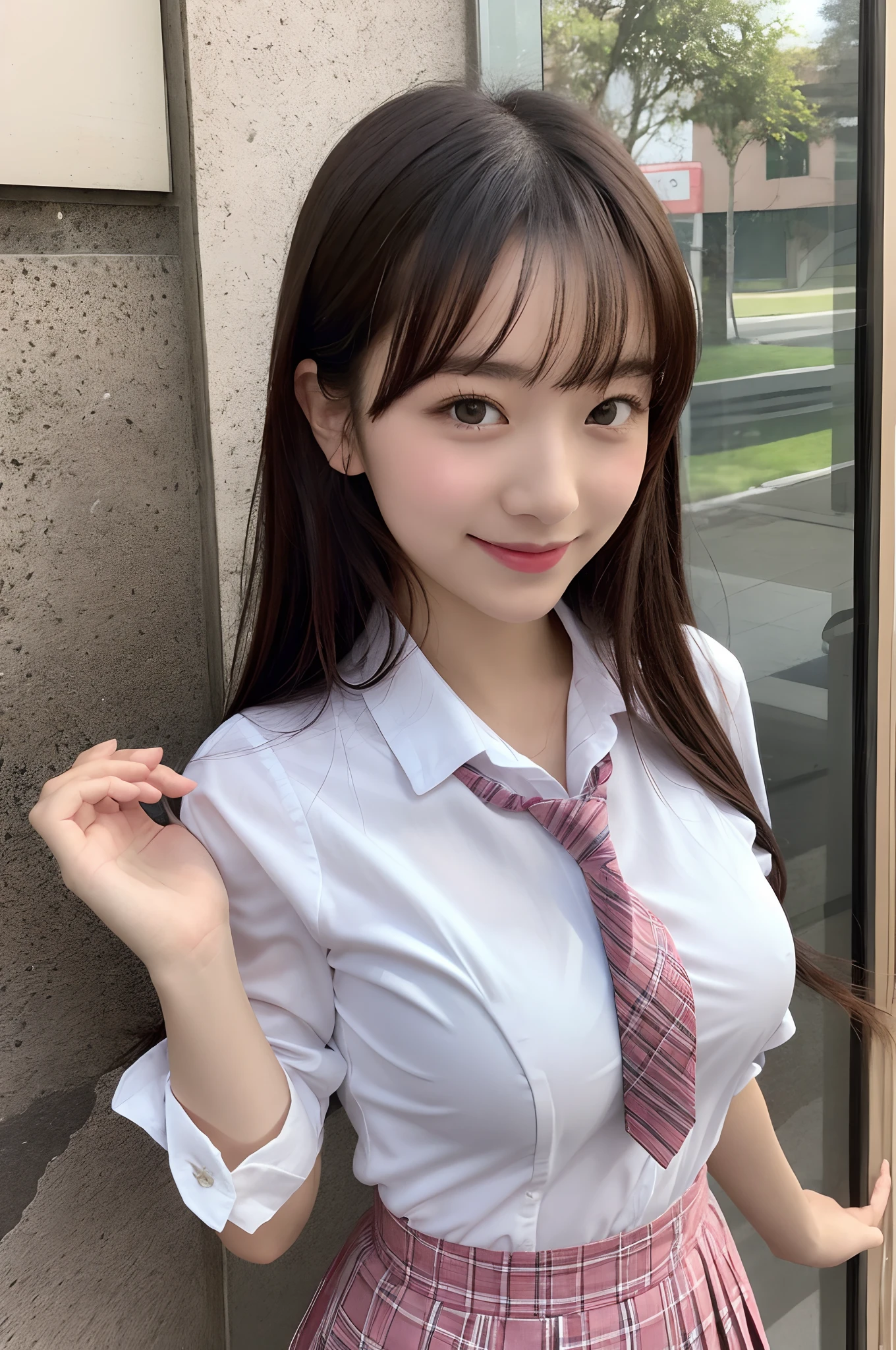 japanaese girl、 Girls、perfect body type、Transparency、discreet breasts、School Uniforms、Pink tie、Pink skirt、white shirt、hposing Gravure Idol、seductive smile,