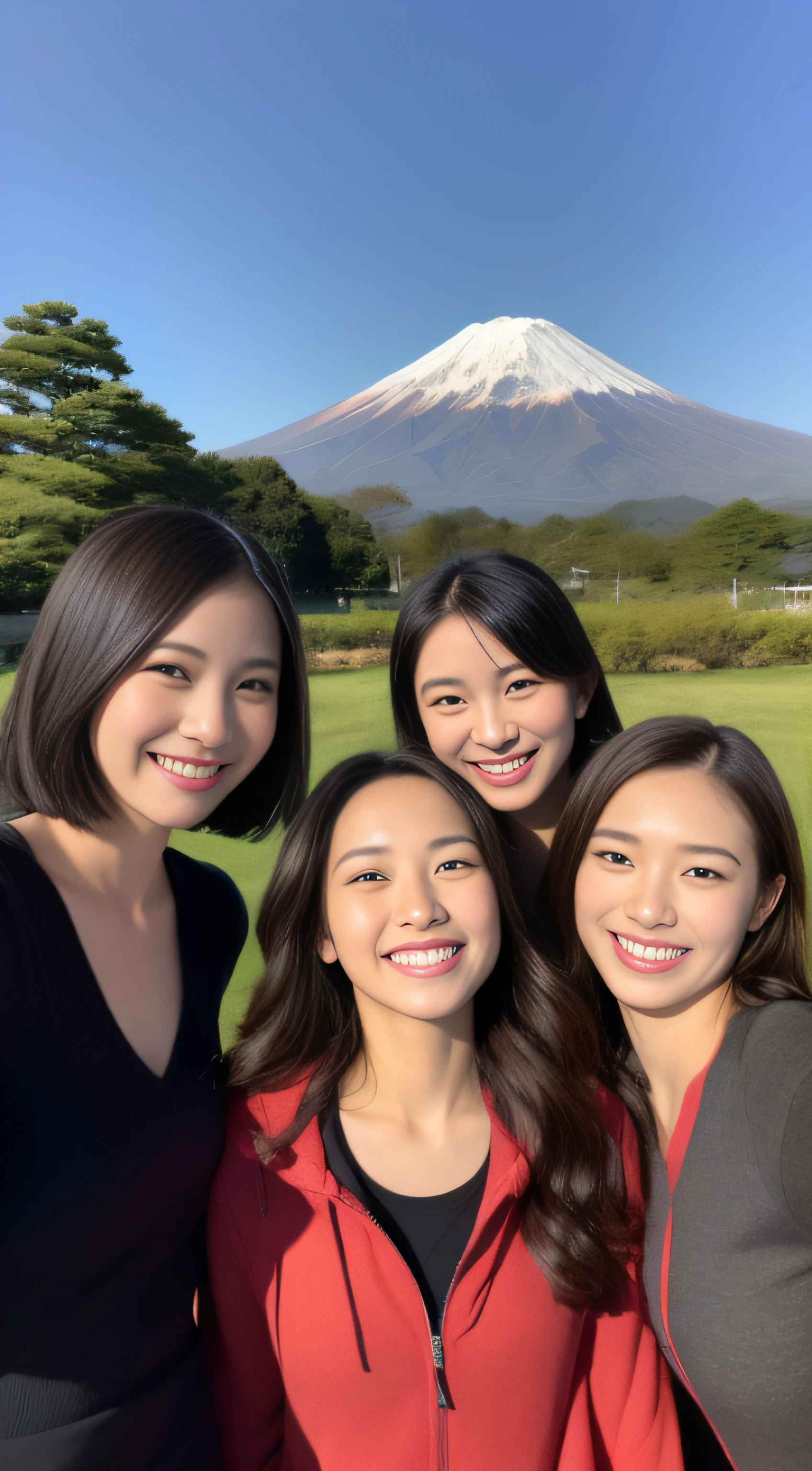 The face is a hostess、group、Clothes are mountaineering clothes、hiquality、A hyper-realistic、healthy、Smiling expression、Slender perfect figure、Japan beauties、beautidful eyes、face perfect、Beautiful skin、The background is Mt. Fuji