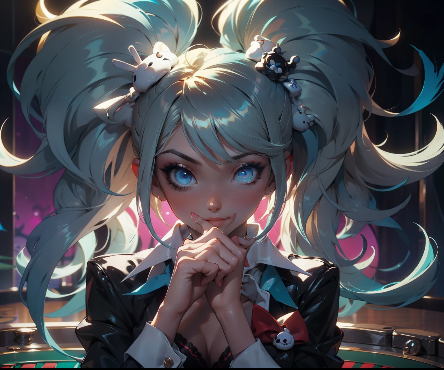Chica hermosa con ojos bellos, de color azul con cabello largo y plateado con un traje de criada sensual con orejas de conejita de playboy color negro y blanco, en un fondo en un casino