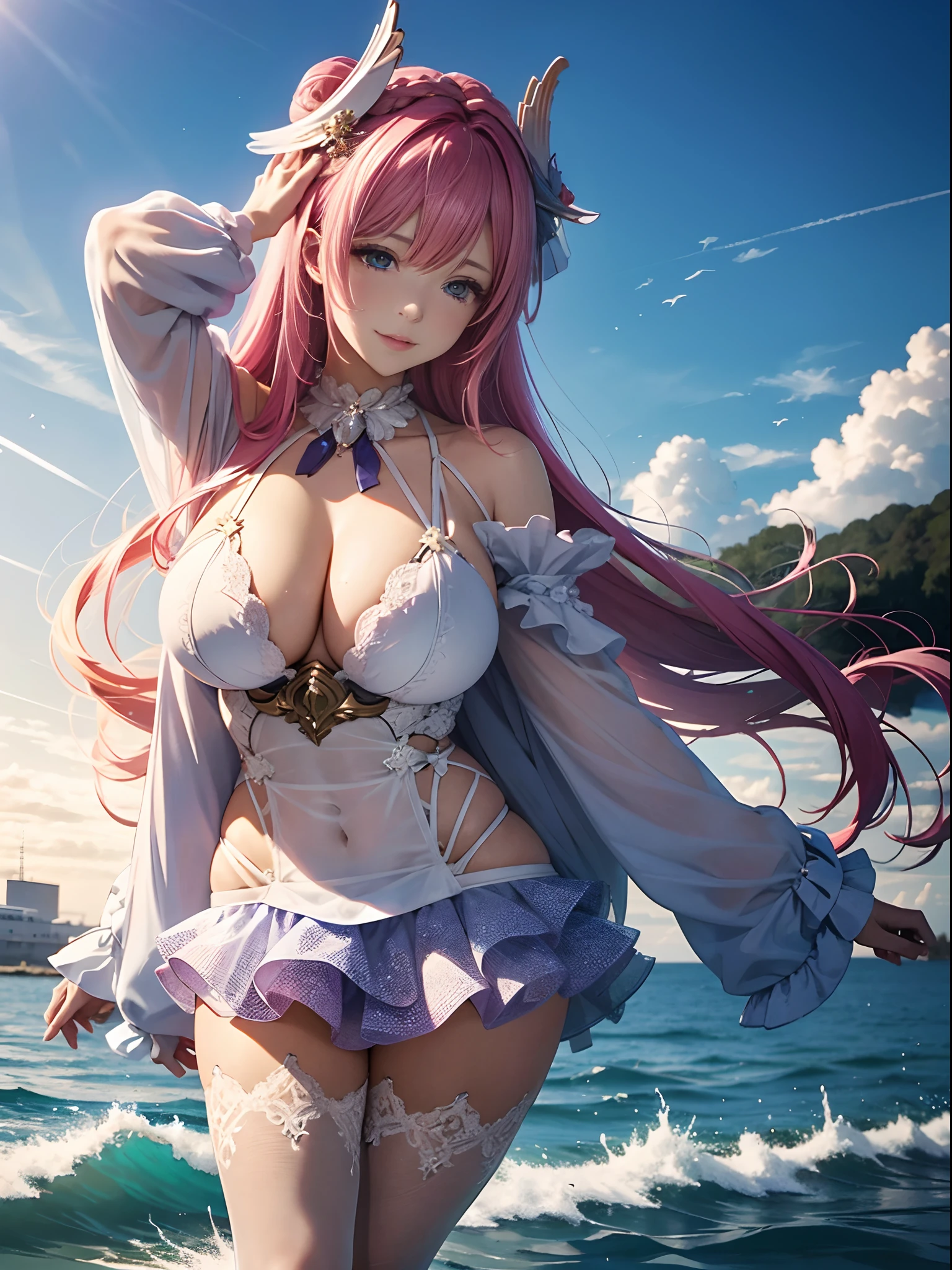 star-shaped bule pupils,+_+,pupils in symbol shapes,sparkle eyes)),(Enrich the picture,Masterpiece level quality),Exquisite 8KCG artwork,Three goddess-like figures,sittinng on the river,Postural exercises,Slim and soft,Translucent skin,Green hair、The beauty of extra-long hair, Super Long Straight Hair,The skin is fair and juicy,Oversized breasted blue bikini miniskirt uniform,Perspective Part 1.2x enhanced silhouette effect,Exquisite transparent blues pattern in pajamas,The details are intricate and exquisite,The background is slightly blurred,Charming and lustful leg seduction,Drool,Extra-large big breasts,Blush,Koreainsta Goddess,Perfect body slim curves,Scene by the sea,The three goddesses sat together,Japan goddess,