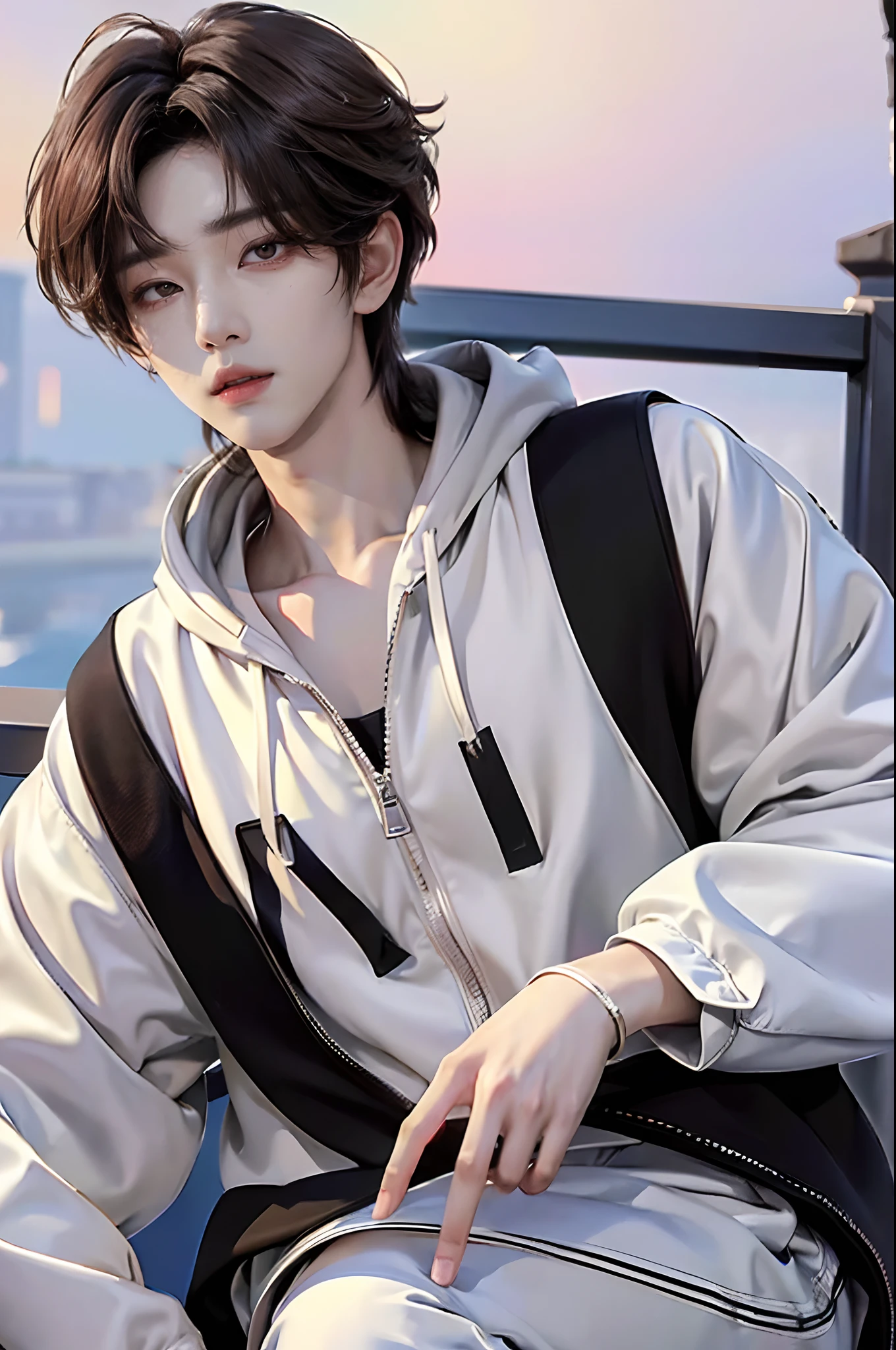 ((4K works))、​masterpiece、（top-quality)、((high-level image quality))、Happiness、((One Manly Boy))、Kpop idle photos、Slim body、((Stylish black hoodie and white pants))、(Detailed beautiful eyes)、With a fashionable city in the background、Face similar to Chaewon in Ruseraphim、((short hair above the ears))、((Smaller face))、((Neutral face))、((Light brown eyes))、((Korean boy))、((18year old))、((Handsome man))、((Gentle look))、((Korean Makeup))、((elongated and sharp eyes))、((Zoom up to face))、((Face enhancement))、((Focus zoom in))、((MV shooting))、((Photos of only one person))、Model Pose