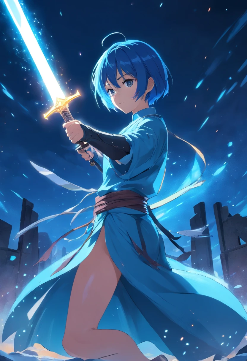 sword fighting stance, stand tall, full body pose, excalibur, dark sword master, short hair, icy blue hair, lady, damaged armor, grave of sword, glowing dark blue aura, night time, sparkle core, over powered vibe,