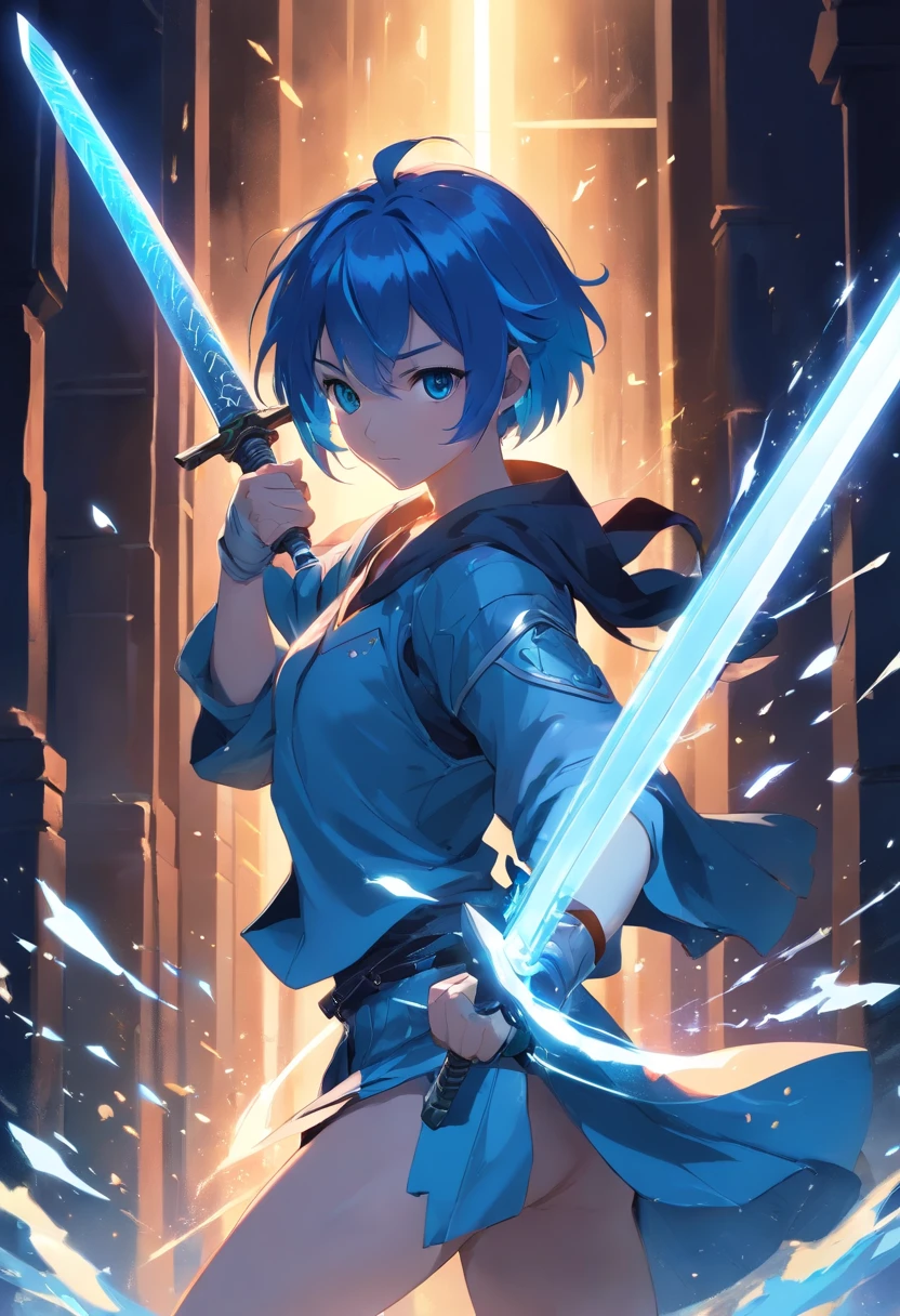 sword fighting stance, stand tall, full body pose, excalibur, dark sword master, short hair, icy blue hair, lady, damaged armor, grave of sword, glowing dark blue aura, night time, sparkle core, over powered vibe,