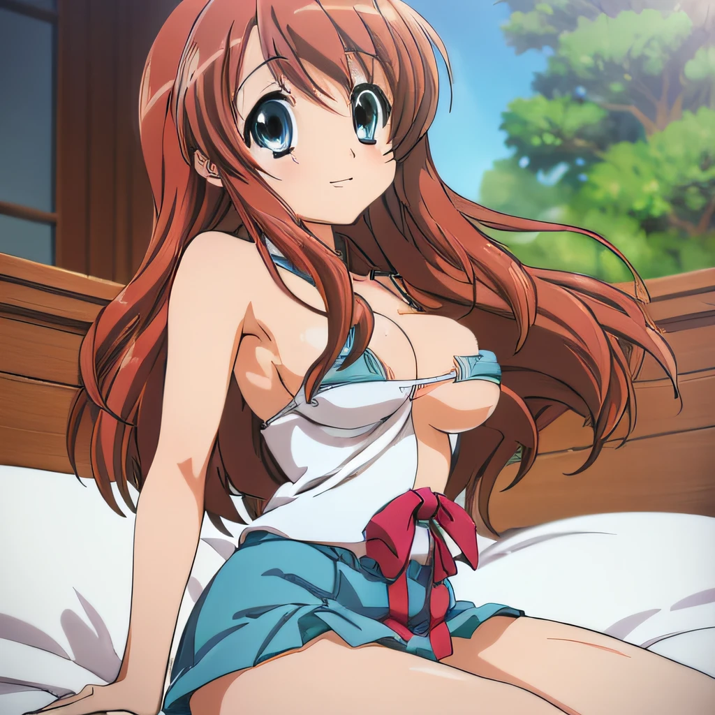 ((masutepiece)), ((Best Quality)), (Ultra-detailed), Anime style, Luxury bed, Cute s, 1girl in, Solo, Micro Bikini 00, ((Beautiful eyes)), large full breasts, wearing underpants, Smile
