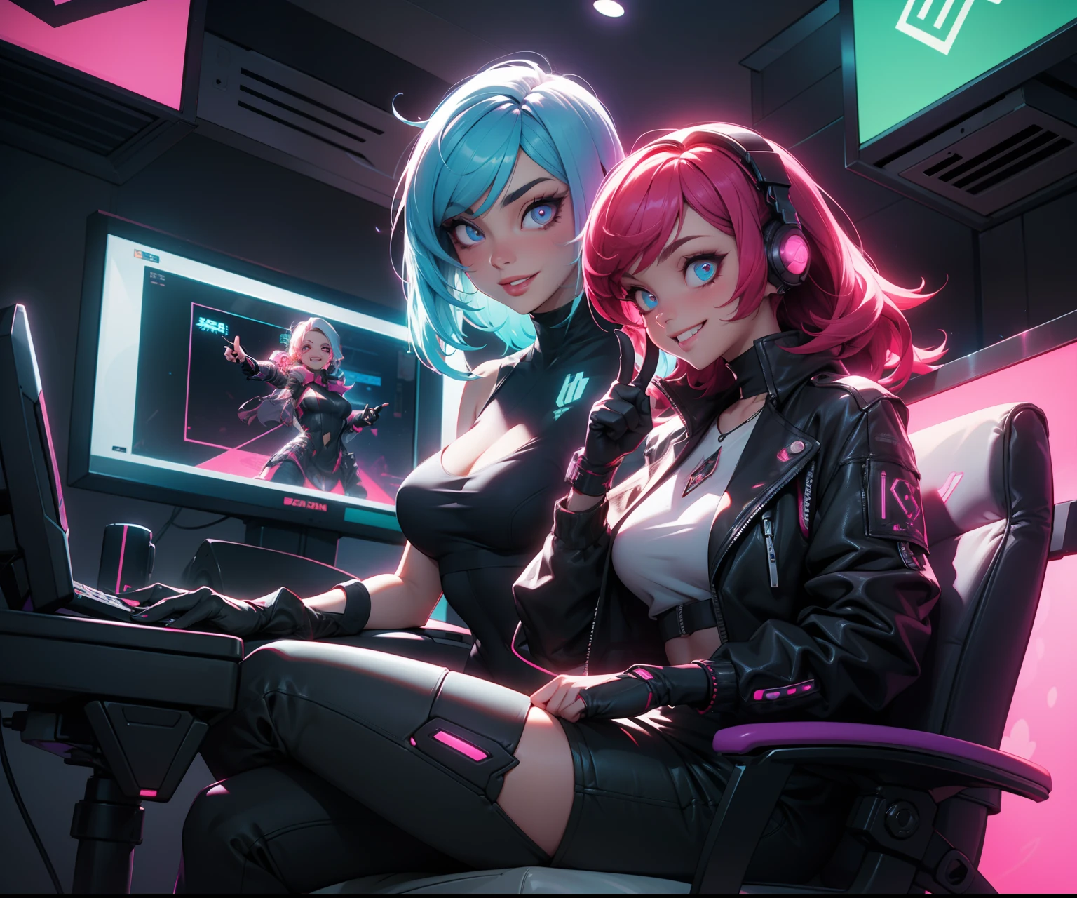 2 chicas hermosas con ojos bien detallados y hermosos rostros una de pelo blanco y otra de pelo rosa en un cuarto gamer con luces neon, monitores con ropas oscuras con detalles goticos y cyberpunk, while sitting laughing with a big smile while pointing to the screens