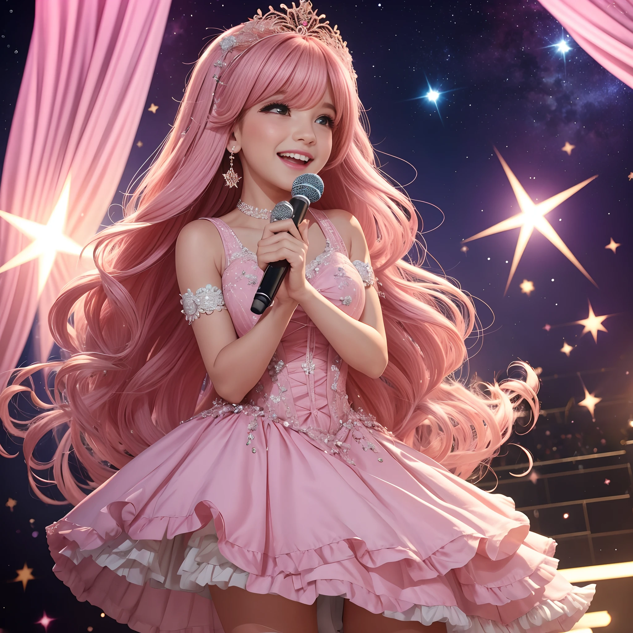 Garota de Cabelo rosa super grande, flutuando encima de um palco, cantando e sorrindo, com uma estrela abaixo do olho