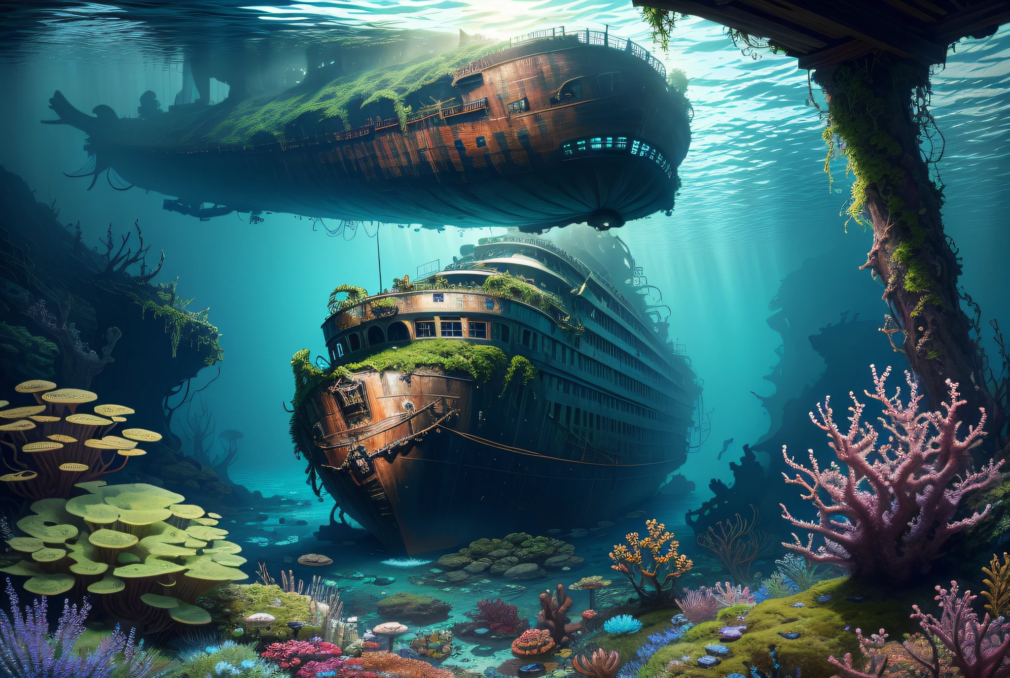 Underwater World Deep Sea, Epic Reality, (HDR: 1.4), Dappled Sun, Cool Tones, Giant Moss Dilapidated Shipwreck (Titanic), Fantastic Uncanny, Epic Composition, (Intricate Detail), (Intricate Detail, Hyperdetail: 1.2), Art Station, Film Clips, Complex Backgrounds, (Masterpiece, Best Quality) --v 6