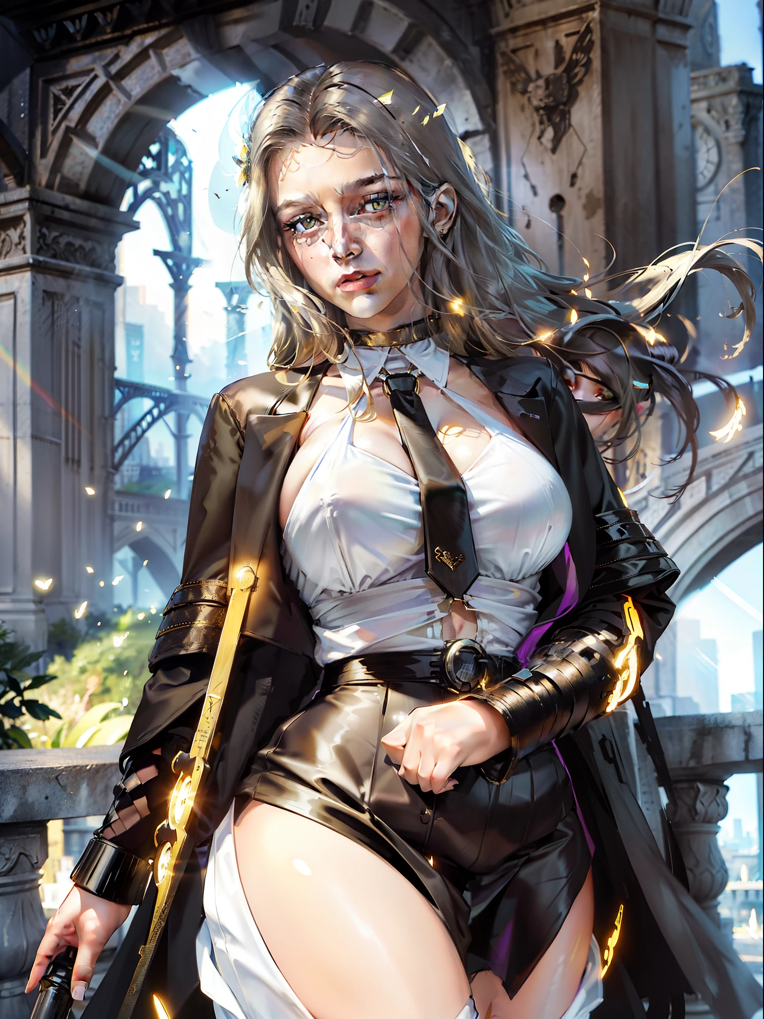 1girl, intricate detail, masterpiece, best quality, extremly detailed,cinematic lighting, beautiful detailed glow, finely detailed beautiful face and eyes, 8k, dark intense shadows, yellow eyes, medium hair, black hair, bangs, floating hair, black jacket, open jacket, white shirt, expressionless, yellow necktie, black skirt, spotlight, sunshine, sunrise, gradient sky, city, lens flare, cowboy shot, [[curvy]], [mature female]