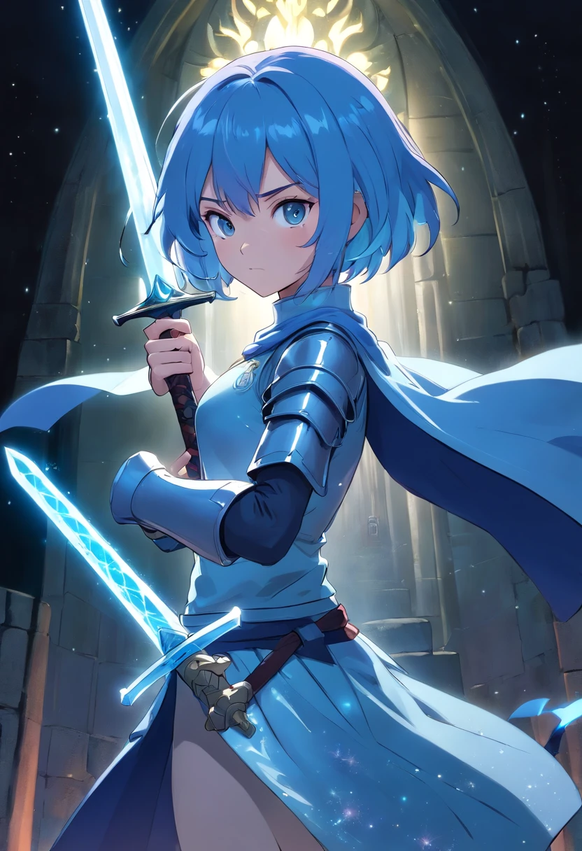sword fighting stance, stand tall,excalibur, dark sword master, short hair, icy blue hair, lady, damaged armor, grave of sword, glowing dark blue aura, night time, sparkle core, over powered vibe,