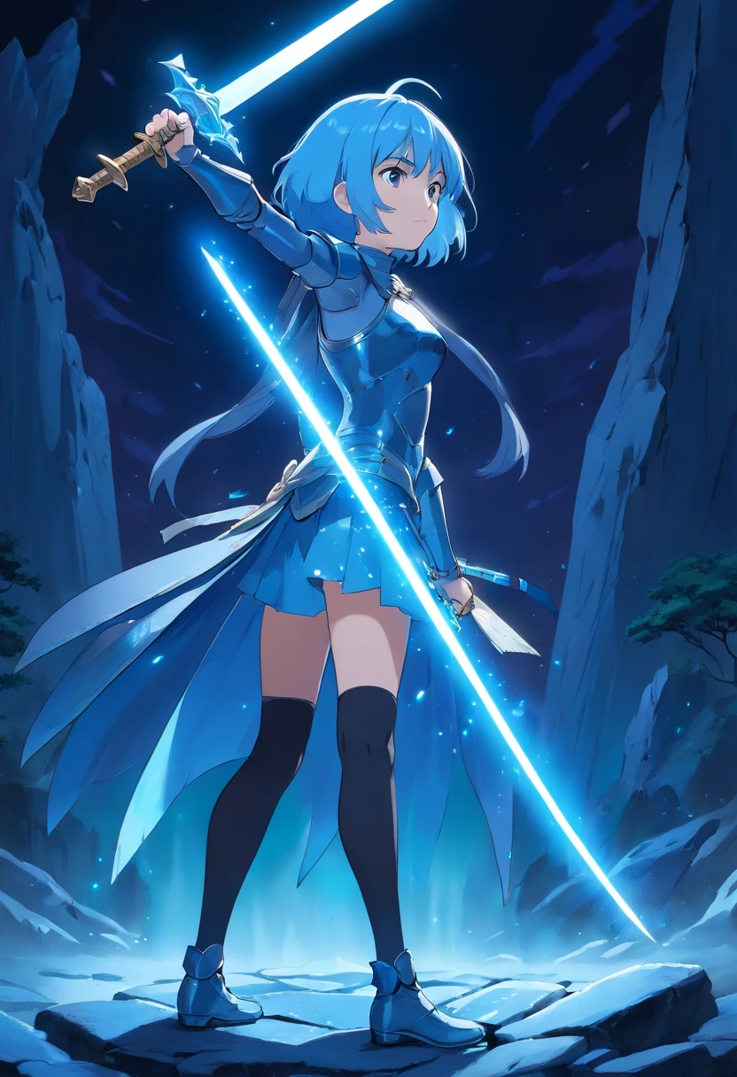 sword fighting stance, stand tall,excalibur, dark sword master, short hair, icy blue hair, lady, damaged armor, grave of sword, glowing dark blue aura, night time, sparkle core, over powered vibe,