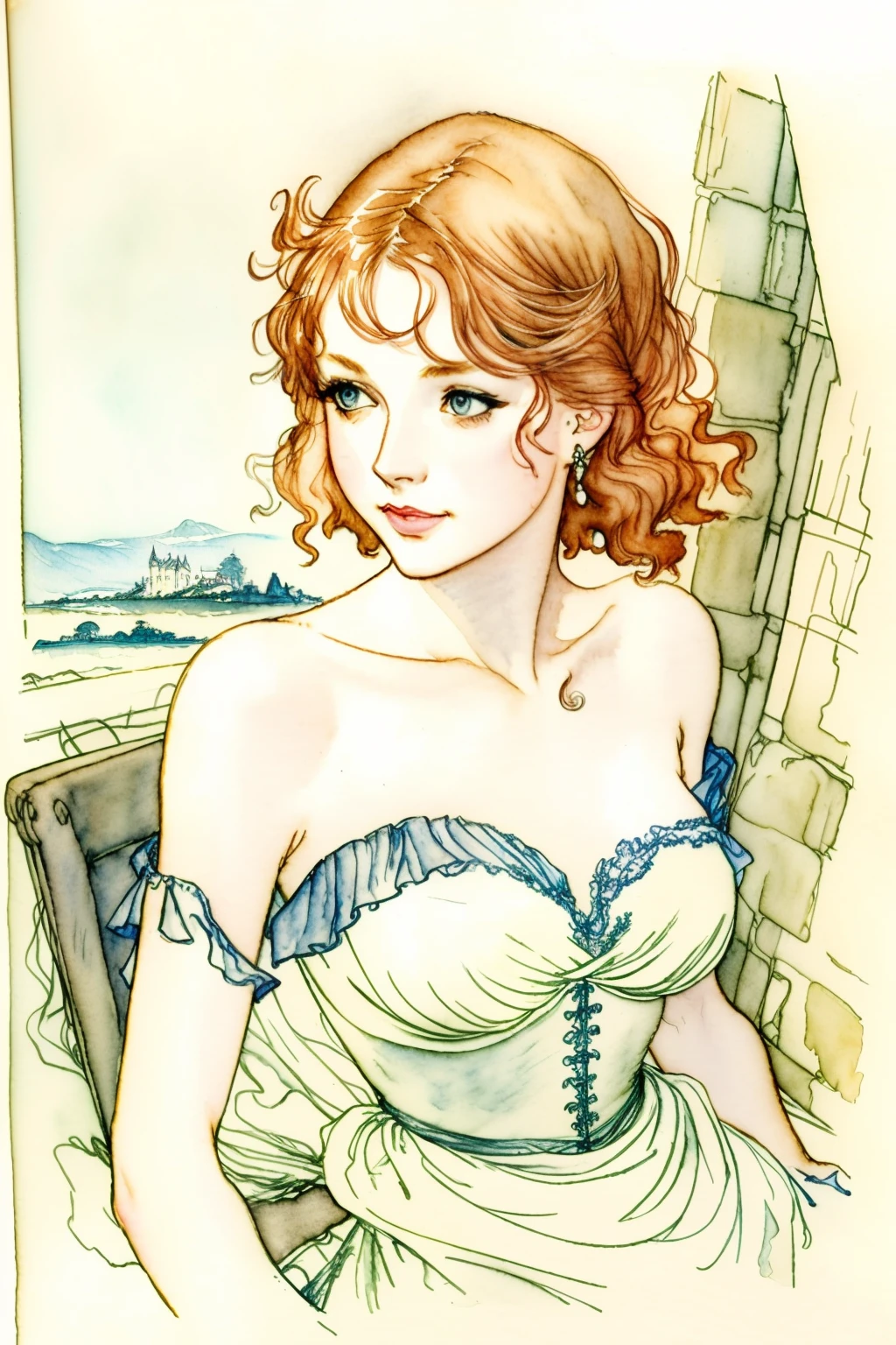 (best quality), ((masterpiece)), 8k 25 year old, redhead girl, alluring, armpit lenght hair (((upturned eyes))) cute ((strapless white dress)) slender build, ((corkscrew hairstyle)) (((arthur rackham watercolor sketch )))