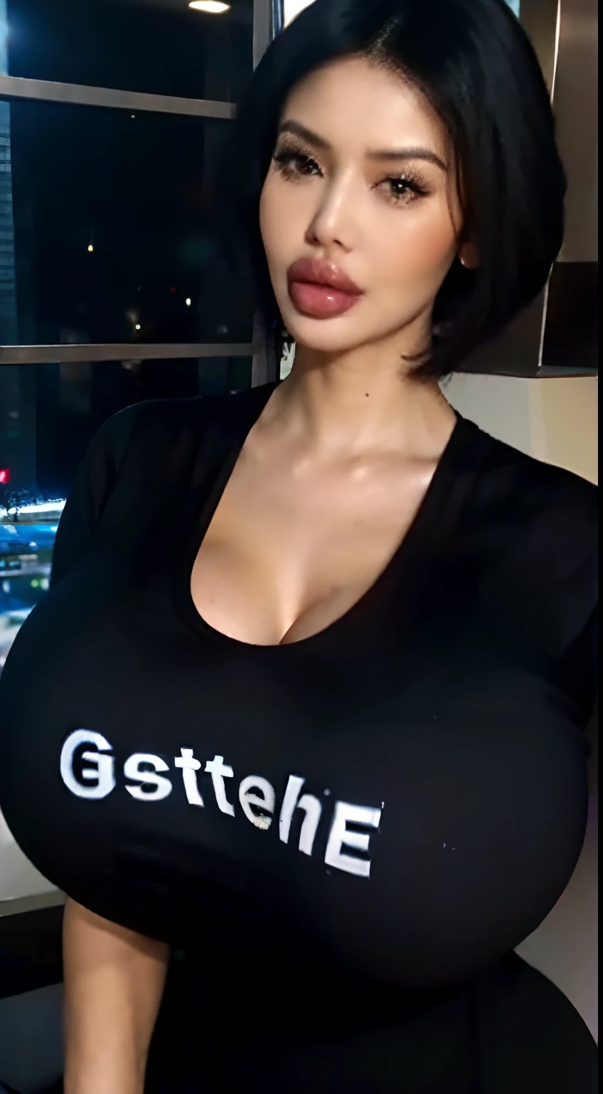 Latina woman as a news anchor, milf, mature, short hair, side bob hair, high cheekbones, big lips, bimbo lips, almond-shape eyes, curvaceous, small waist, big hips, hip dips, large breasts, big breasts, polka-dot blouse, black dress pants, Best quality, 8k, Masterpiece, realistic, photorealistic, (gigantic breasts:1.2)