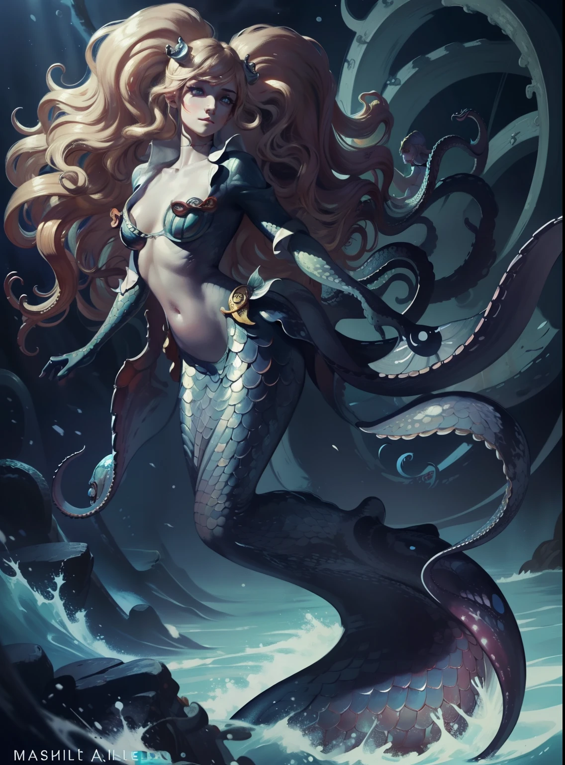 Realistic, (Masterpiece, Top Quality, Best Quality, Official Art, Beauty and Aesthetics: 1.2), Very Detailed, Most Detailed, (A Kraken), Beautiful Face, (Genderless Mermaid), Sea Like Eyes, Transparent Background, Original Character Painting, (Full Body Design)