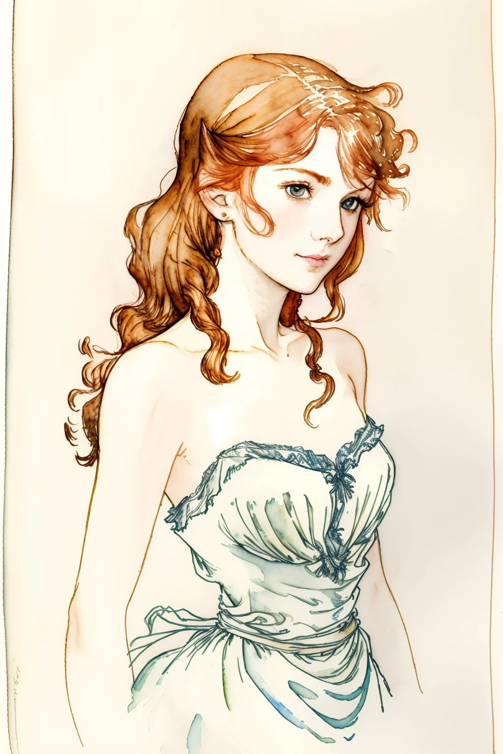 (best quality), ((masterpiece)), 8k 25 year old, redhead girl, alluring, armpit lenght hair (((upturned eyes))) cute ((strapless white dress)) slender build, ((corkscrew hairstyle)) (((arthur rackham watercolor sketch ))) muted palette