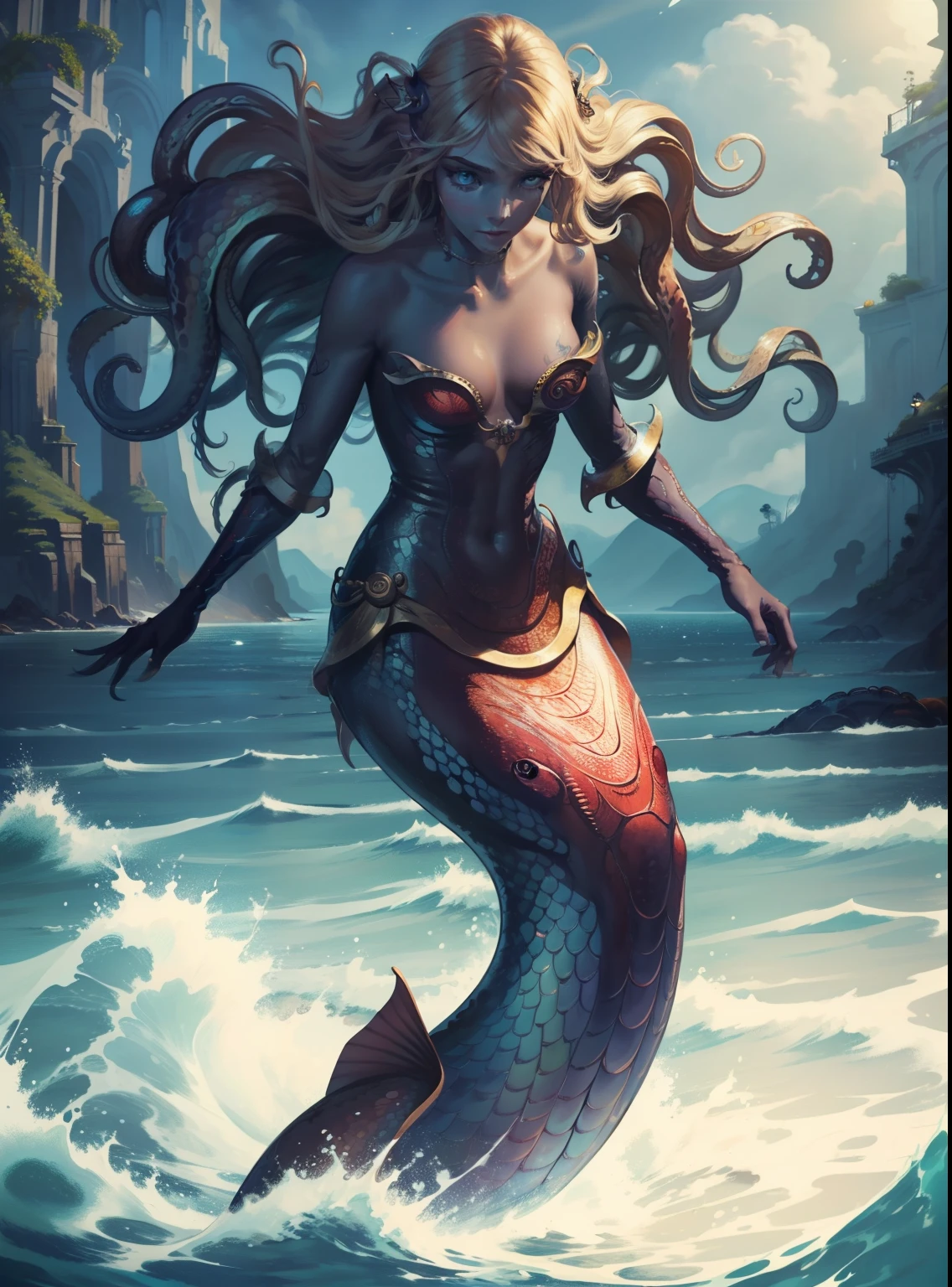 Realistic, (Masterpiece, Top Quality, Best Quality, Official Art, Beauty and Aesthetics: 1.2), Very Detailed, Most Detailed, (A Kraken), Beautiful Face, (Genderless Mermaid), Sea Like Eyes, Transparent Background, Original Character Painting, (Full Body Design)