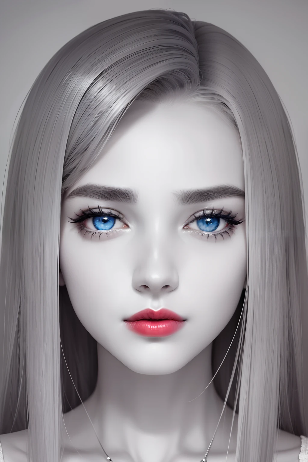 24 years old girl face, fully grey skin, grey hair, grey skin, full monochrome picture except eyes and lips, blue eyes, bright red lips, grey skin, grey background