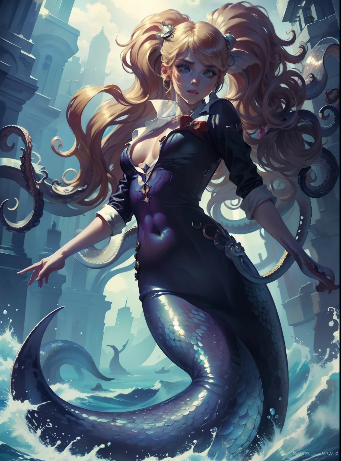 Realistic, (Masterpiece, Top Quality, Best Quality, Official Art, Beauty and Aesthetics: 1.2), Very Detailed, Most Detailed, (A Kraken), Beautiful Face, (Genderless Mermaid), Sea Like Eyes, Transparent Background, Original Character Painting, (Full Body Design)