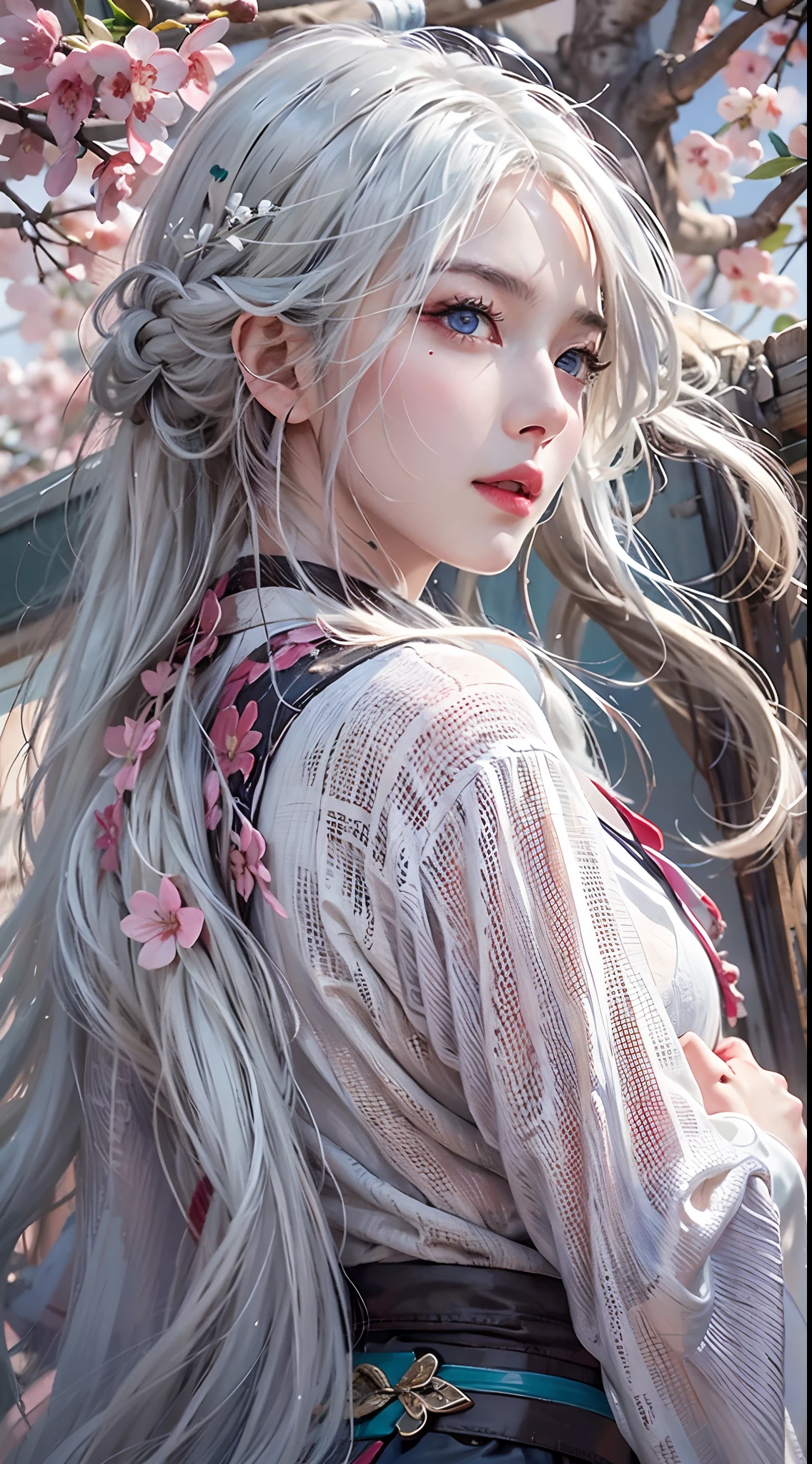 photorealistic, high resolution, soft lights, 1women, solo, hips up, blue eyes, white hair, long hair, hanfu, hips up, jewelry, tattoo, cherry blossom