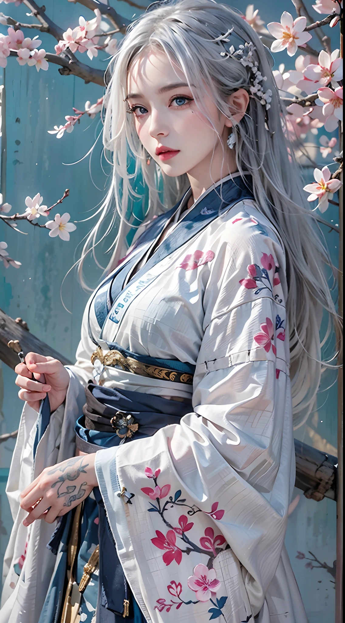 photorealistic, high resolution, soft lights, 1women, solo, hips up, blue eyes, white hair, long hair, hanfu, hips up, jewelry, tattoo, cherry blossom