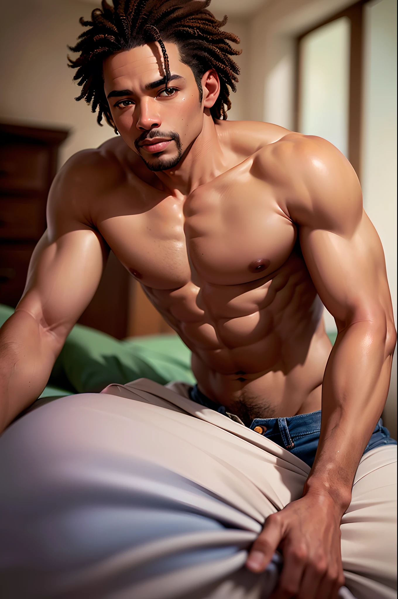 A nude middle aged african American dad, brown hair, green eyes, nude chest exposed, only wearing blue jeans, laying in his bed, highly detailed bedroom, perfect masterpiece, high quality, high resolution