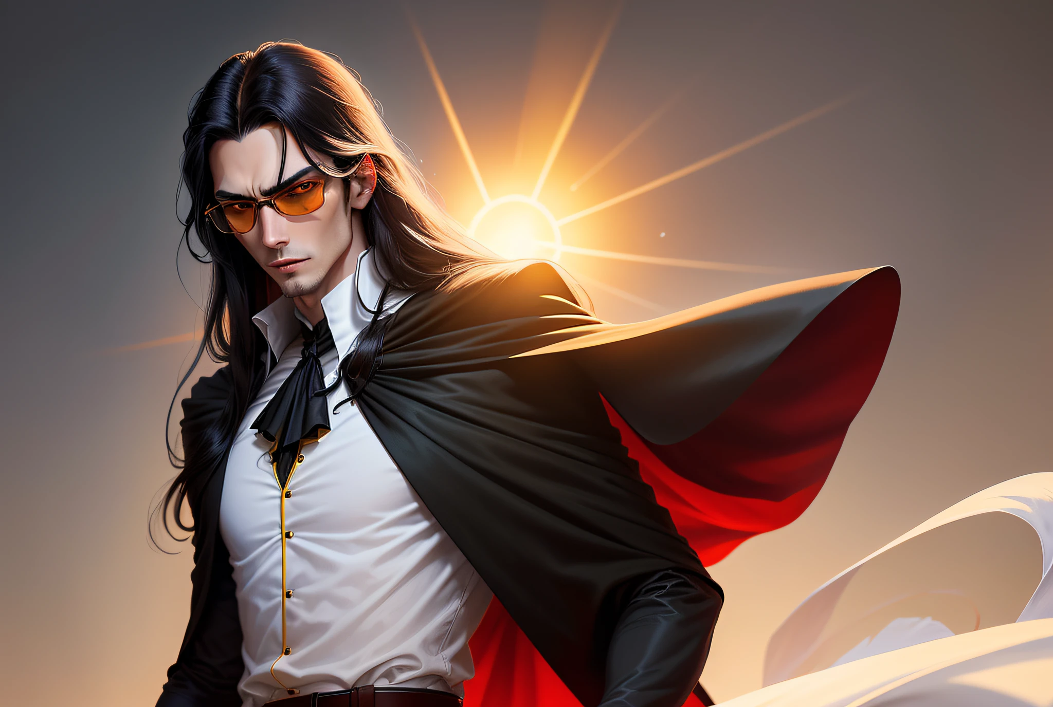 A young tall thin man with a handsome face with perfect thin features, long black hair, yellow eyes, beautiful black eyebrows, a vampire, translucent red sun glasses, a thoughtful expression on his face, in a snow-white shirt and a black cape, a dagger in his hand