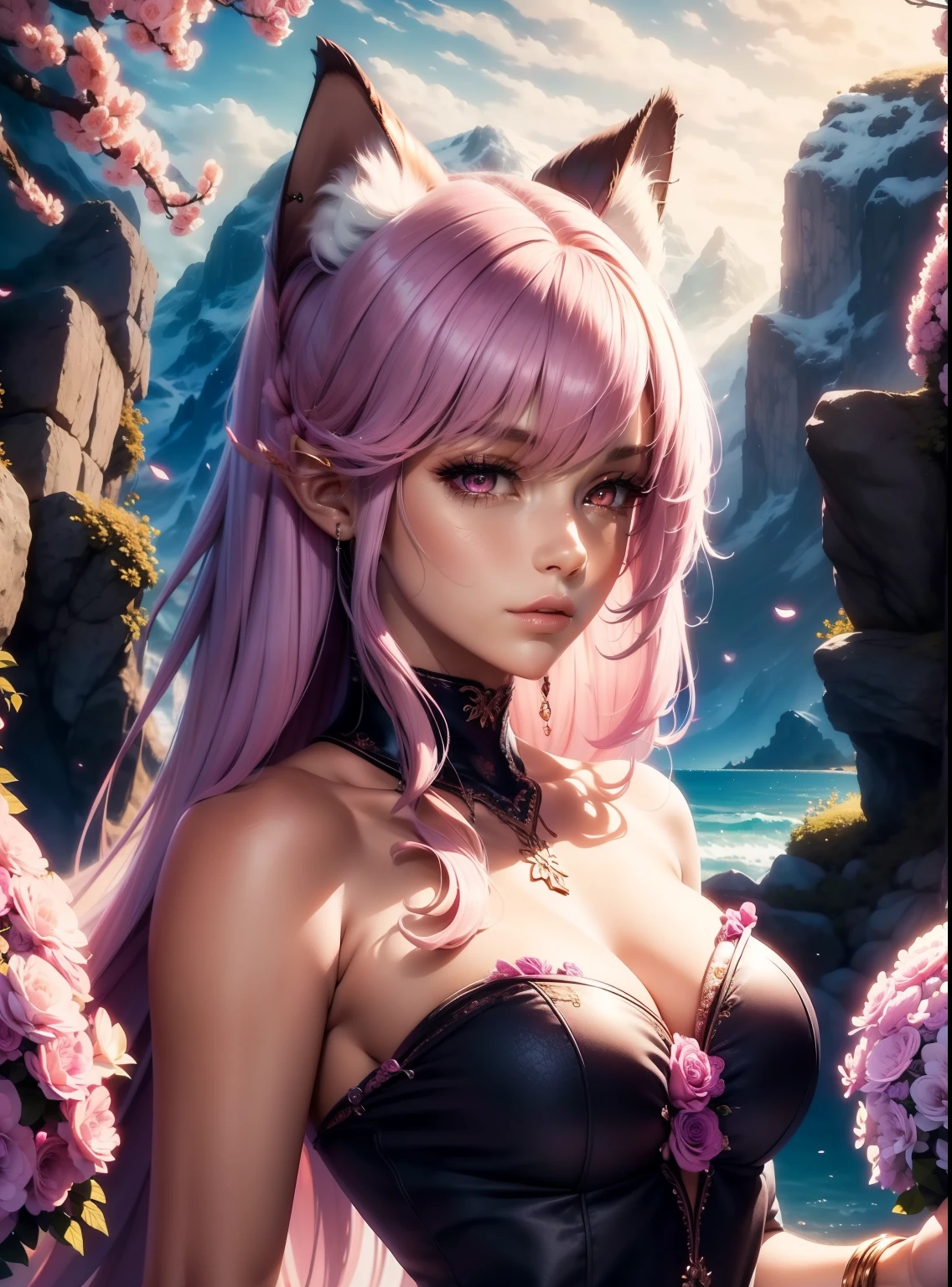 Realistic, (Masterpiece, Top Quality, Best Quality, Official Art, Beauty and Aesthetics: 1.2), Very Detailed, Most Detailed, (A Kraken), Beautiful Face, (Genderless Mermaid), long pink hair with pink kitten ears and violet eyes, Sea Like Eyes, Transparent Background, Original Character Painting, (Full Body Design), pelo largo y rosa con orejas de neko color rosa y ojos violeta