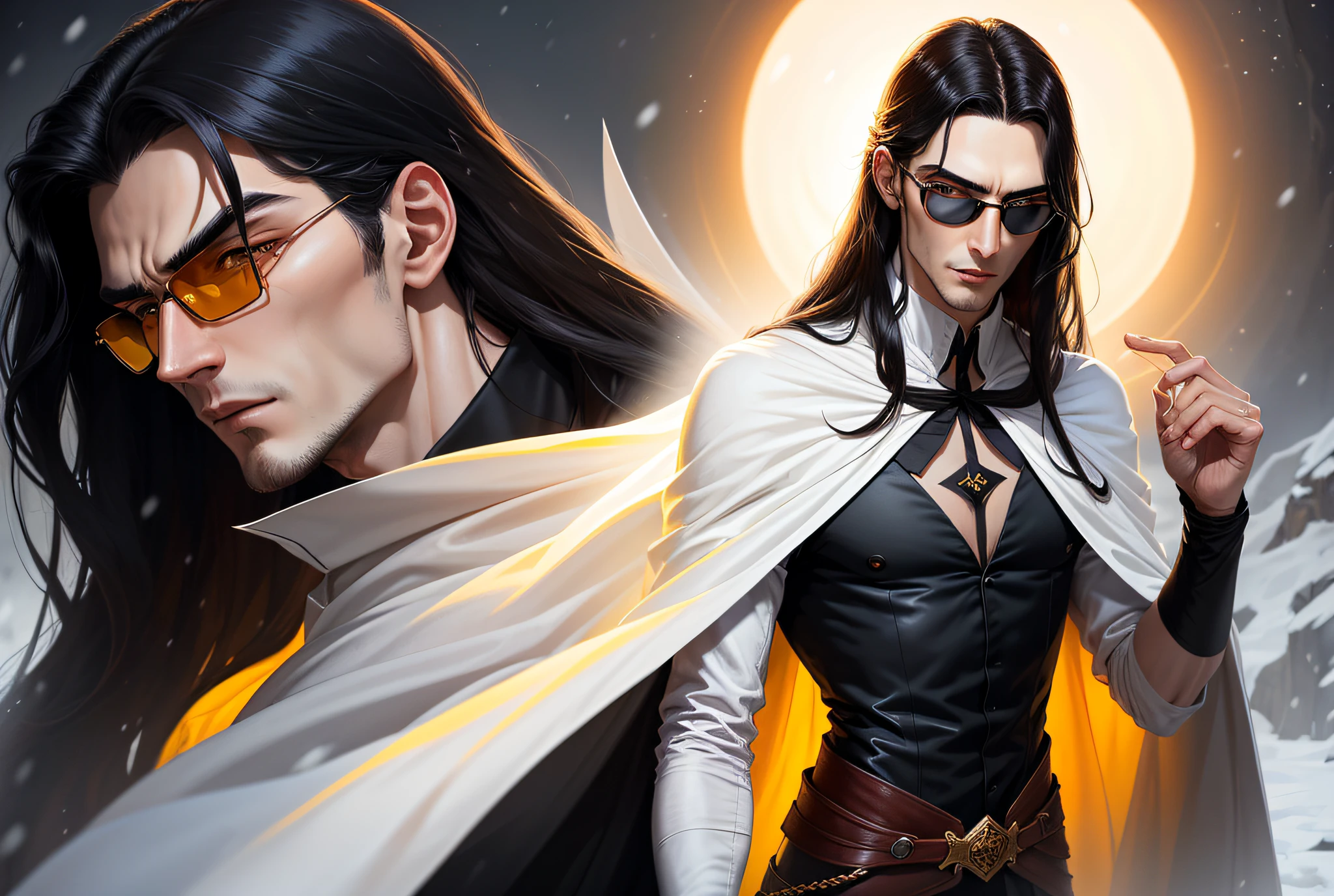 A young tall thin man with a handsome face with perfect thin features, long black hair, yellow eyes, beautiful black eyebrows, a vampire, translucent red sun glasses, a thoughtful expression on his face, in a snow-white shirt and a black cape, a dagger in his hand