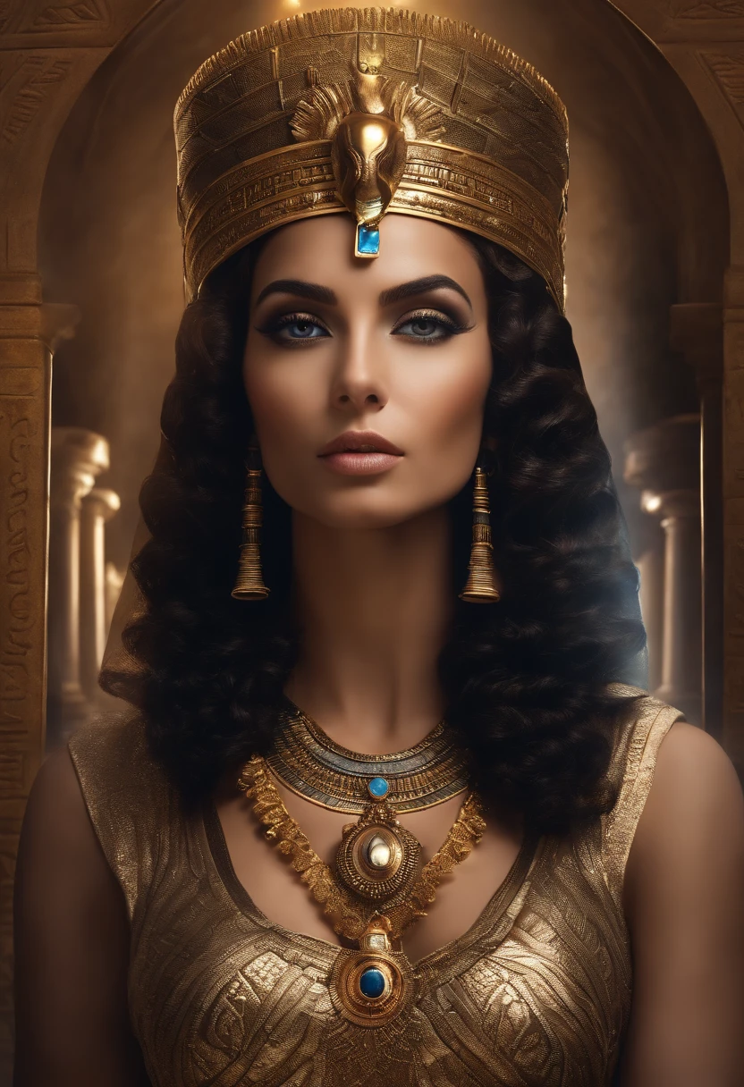 hyper-realistic beautiful portrait of Cleopatra, beautiful face, Olhos bonitos, camera facing, Using the Egyptian crown, dramatic background, Cinematic light