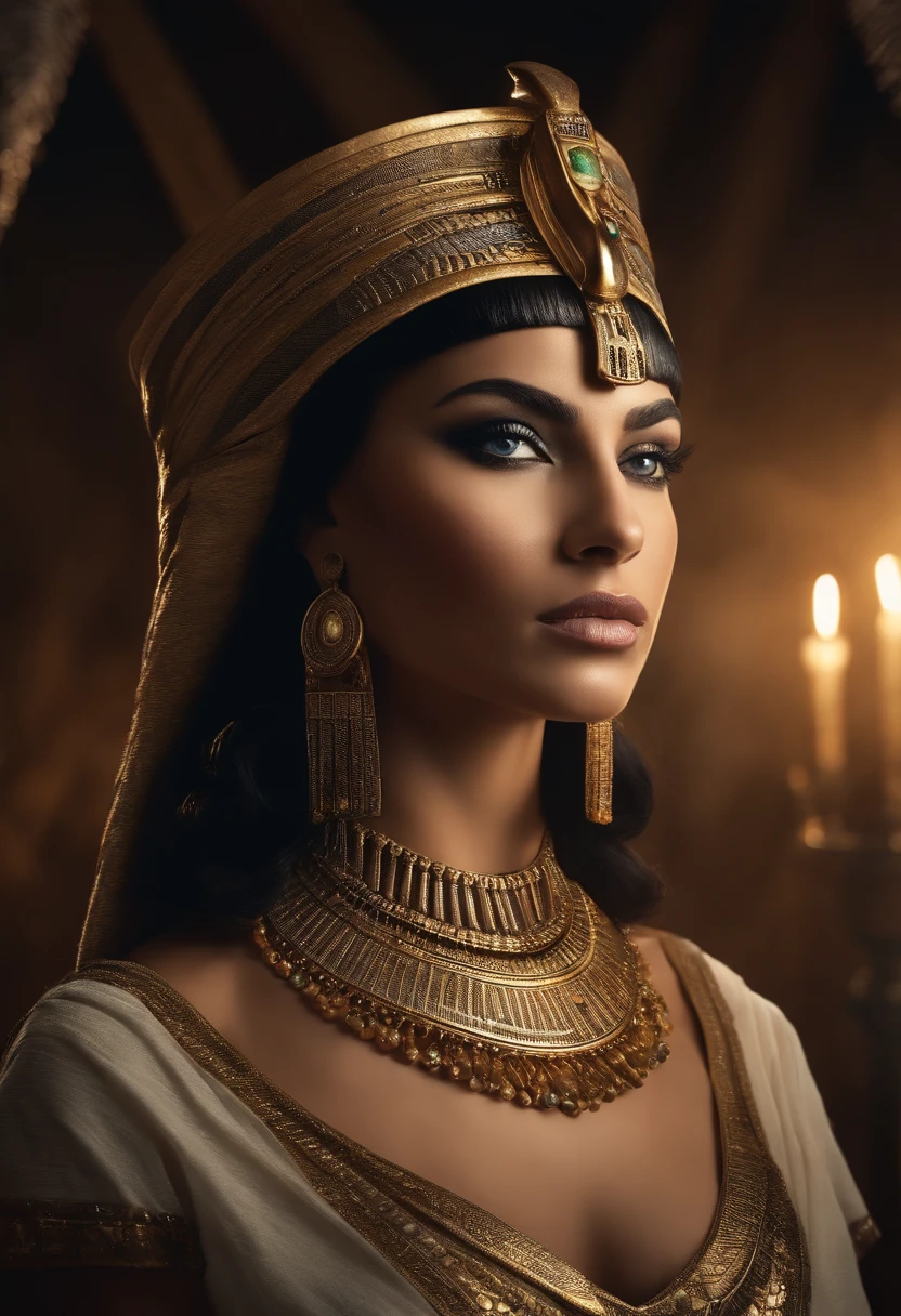 hyper-realistic beautiful portrait of Cleopatra, beautiful face, Olhos bonitos, camera facing, Using the Egyptian crown, dramatic background, Cinematic light