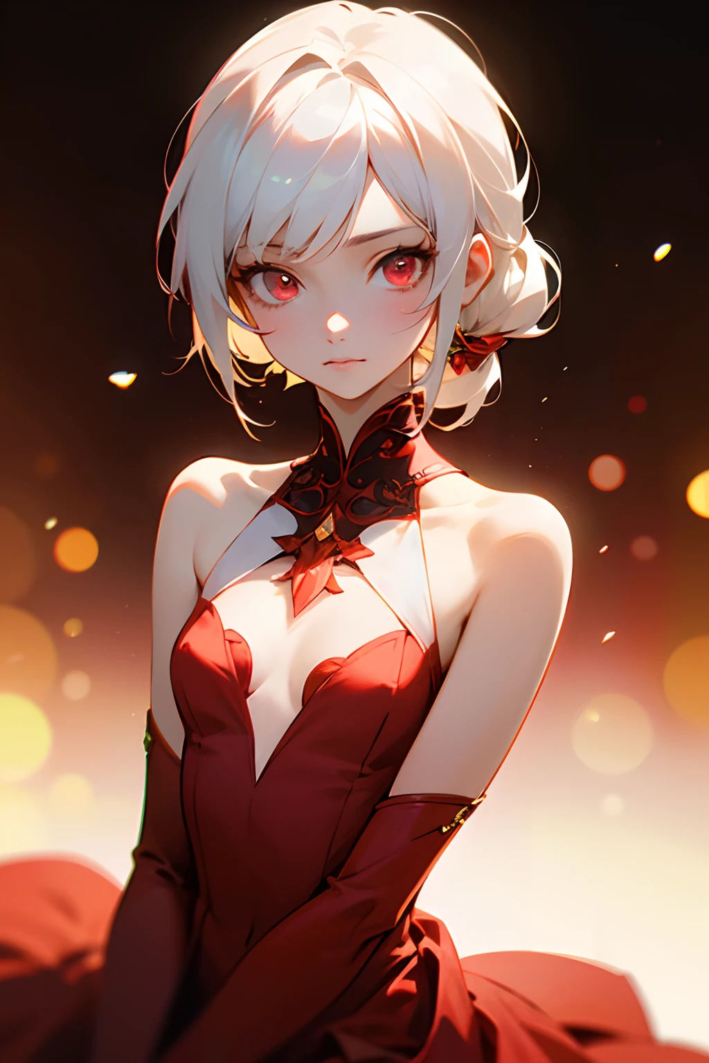 anime young girl, small hair, white hair tied back, red glowing eyes, small chest, wearing a crimson dress, large dress, dress detached from the body, exposed shoulders and arms, waltz background, portraits, look of superiority, look at the camera, princess pose, colorful tones, soft lighting, best quality, ultra-detailed, photo-realistic:1.37, vivid colors, bokeh