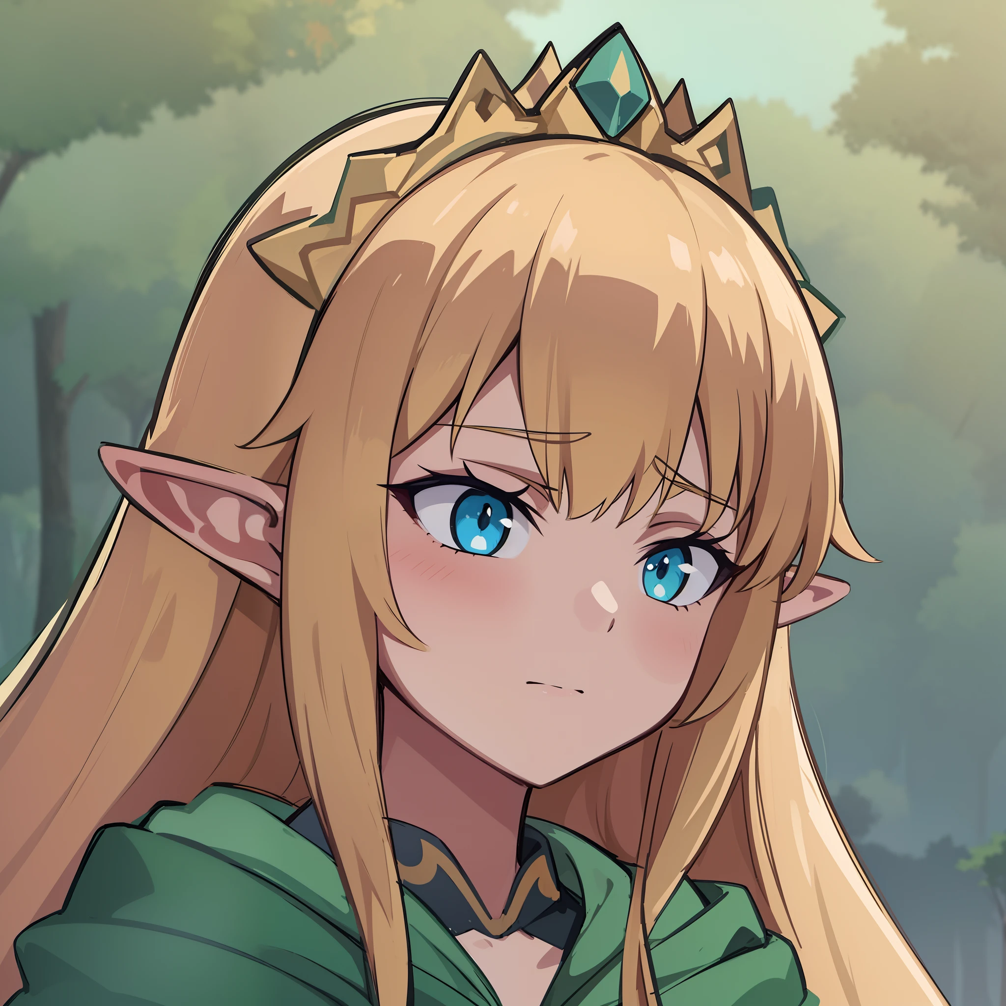 hiquality, tmasterpiece. the anime. (One elven girl). Golden crown with emerald. Cyan eyes.  Stern face. Clothing Green Raincoat. against the background of the forest and the sky.