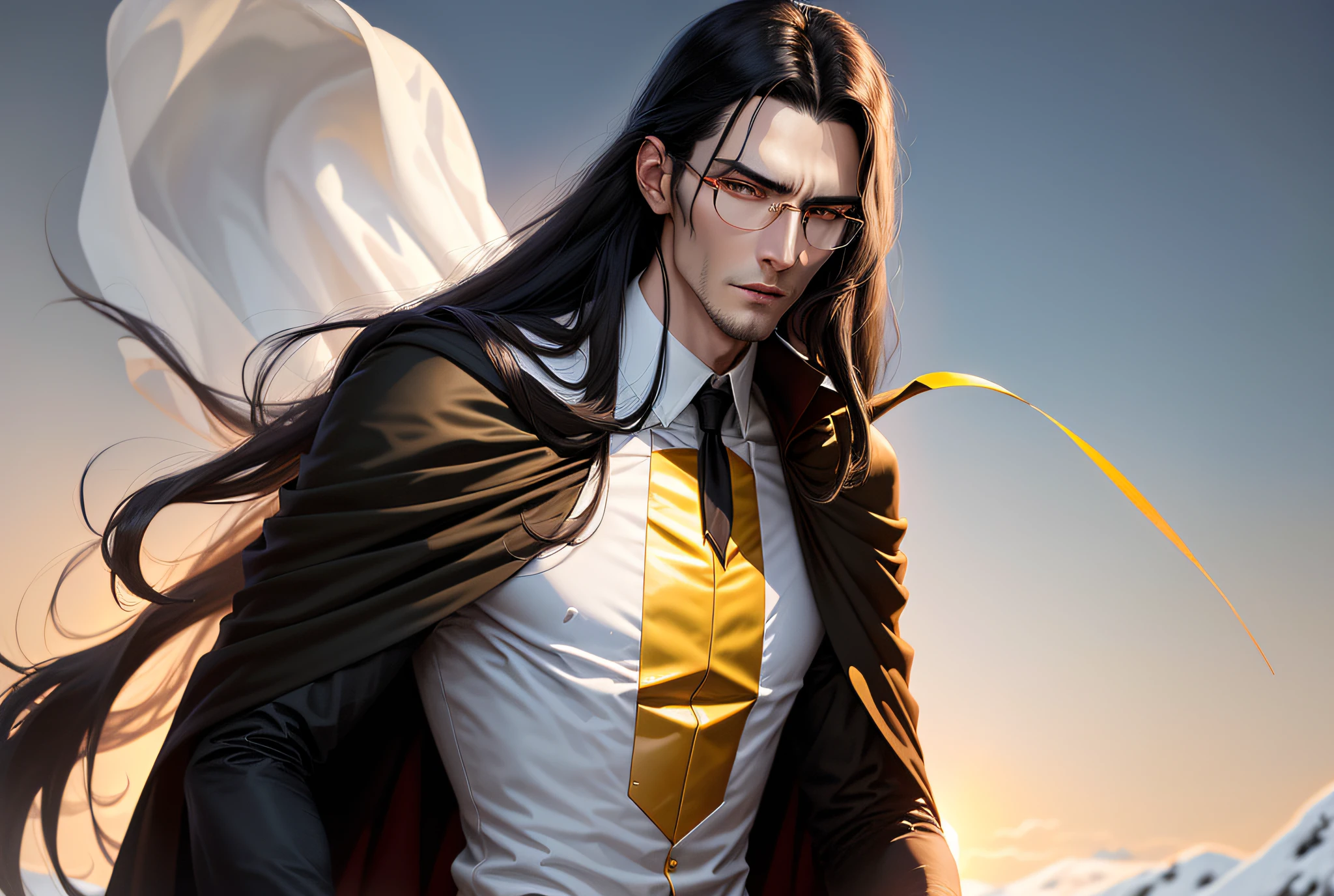 A young tall thin man with a handsome face with perfect thin features, long black hair, yellow eyes, beautiful black eyebrows, a vampire, translucent red sun glasses, a thoughtful expression on his face, in a snow-white shirt and a black cape, a dagger in his hand