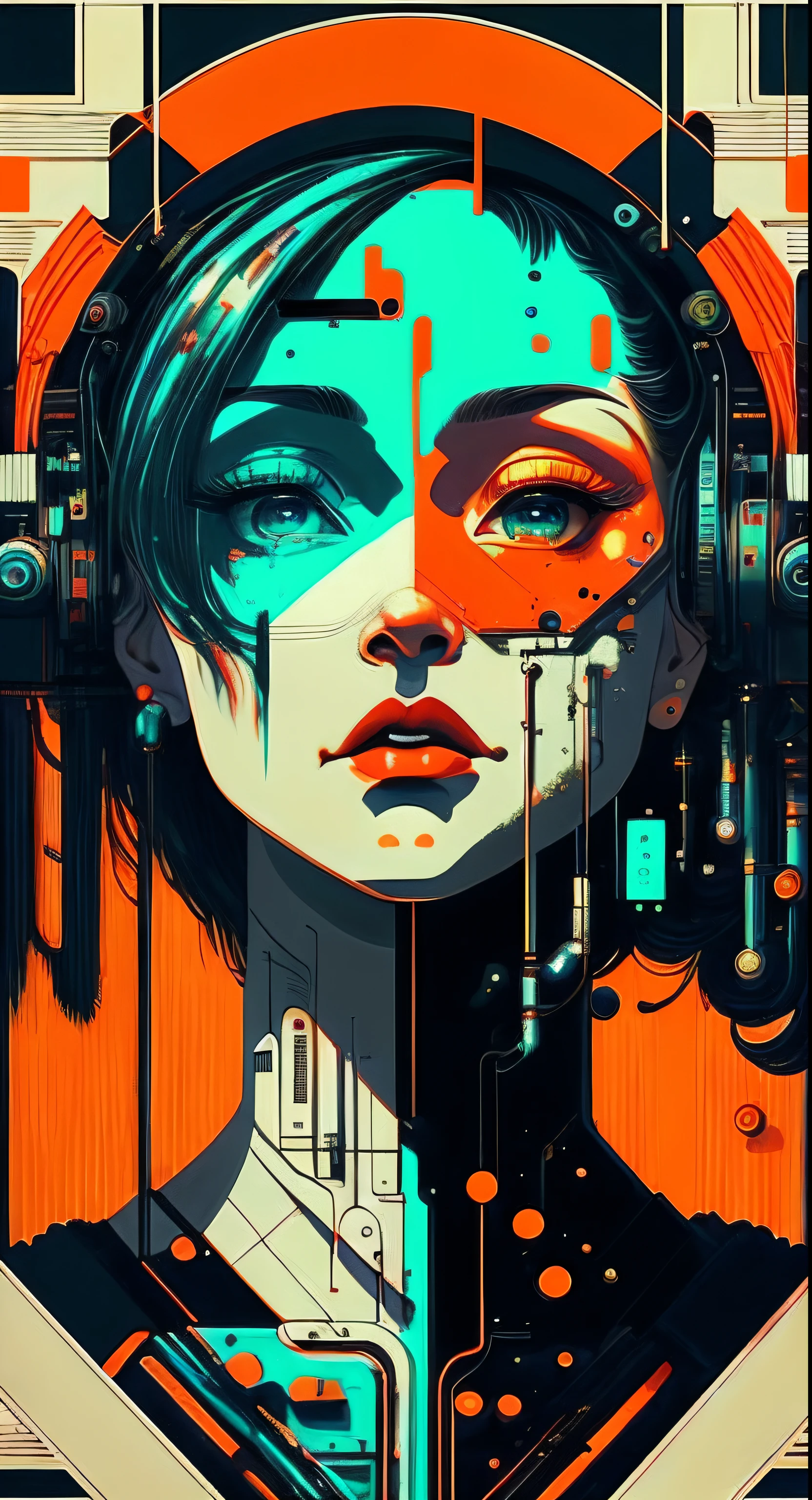 (masutepiece, 4K, ultra-detailliert, Raw photo: 1.2), Illustration, (1womanl:1), (single background: 1.4), (symmetry: 1.2), (Art deco:1.4), (retro-futuristic:1.4), (minimalism:1.4), (clean:1.4), (Flat_Color:1.4), (Cyberpunk:1.4), CCDDA Art Still、Music、