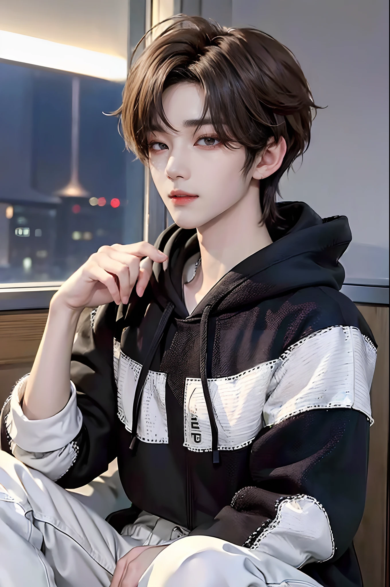 ((4K works))、​masterpiece、（top-quality)、((high-level image quality))、Happiness、((One Manly Boy))、Kpop Idol Photo、Slim body、((Stylish black hoodie and white pants))、(Detailed beautiful eyes)、Stylish city views in the background、Face similar to Chaewon in Ruseraphim、((short hair above the ears))、((Smaller face))、((Neutral face))、((Light brown eyes))、((Korean boy))、((18year old))、((Handsome man))、((Gentle smile))、((Korean Makeup))、((elongated and sharp eyes))、((Zoom up to face))、((Face enhancement))、((Focus zoom in))、((MV shooting))、((Photos of only one person))、model poses
