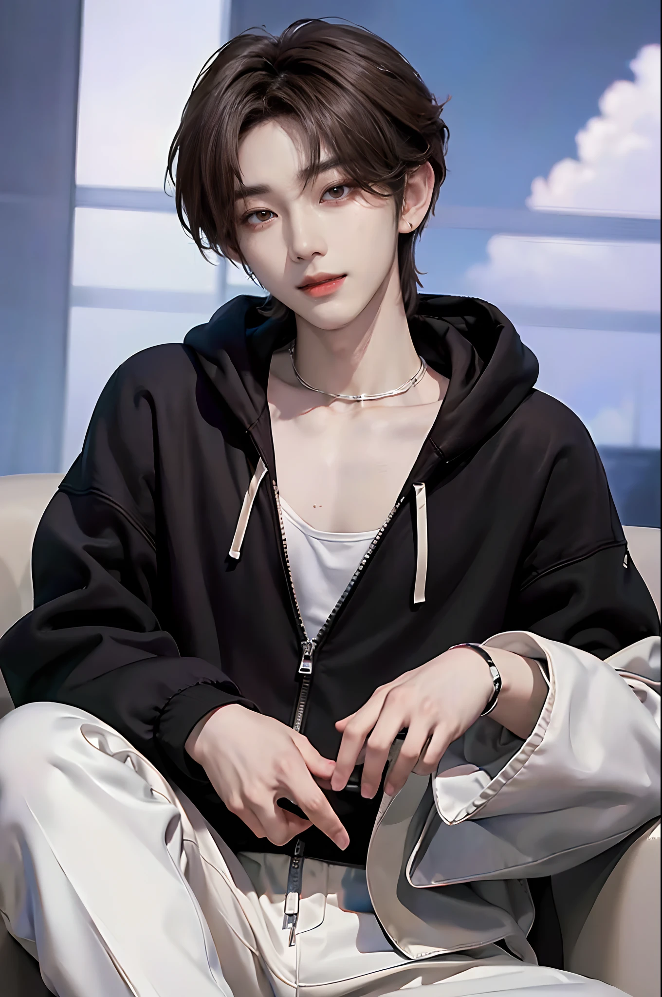 ((4K works))、masterpiece、(top-quality)、((high-level image quality))、Happiness、((One Manly Boy))、Kpop Idol Photo、Slim body、((Stylish black hoodie and white pants))、(Detailed beautiful eyes)、Stylish city views in the background、Face similar to Chaewon in Ruseraphim、((short hair above the ears))、((Smaller face))、((Neutral face))、((Light brown eyes))、((Korean boy))、((18year old))、((Handsome man))、((Gentle smile))、((Korean Makeup))、((elongated and sharp eyes))、((Zoom up to face))、((Face enhancement))、((Focus zoom in))、((MV shooting))、((Photos of only one person))、model poses