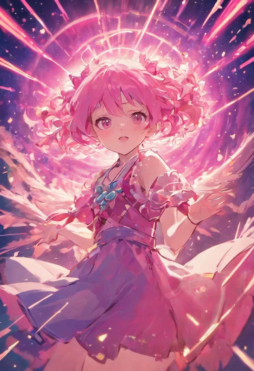 Adolescente de 16 anos de Cabelo rosa super grande ondulado estilo seraphine, flutuando encima de um palco, cantando e sorrindo, com uma estrela abaixo do olho