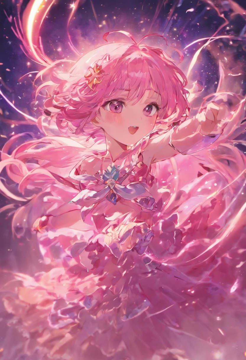 Adolescente de 16 anos de Cabelo rosa super grande ondulado estilo seraphine, flutuando encima de um palco, cantando e sorrindo, com uma estrela abaixo do olho