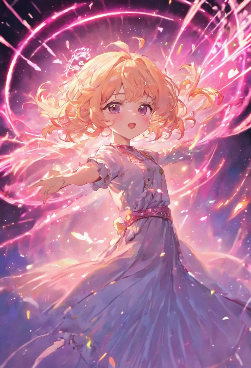 Adolescente de anos de Cabelo rosa super grande ondulado estilo seraphine, flutuando encima de um palco, cantando e sorrindo, com uma estrela abaixo do olho
