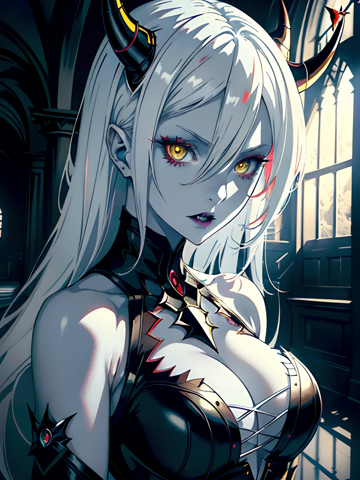 ((masterpiece, best quality)), (1girl, anime girl in the dark castle hall),(mature, devil horn), (solo), (female focus), (white hair, messy hair), yellow eyes, (( pale skin, vampire)),yandere, evil, portraits, close up, upper body, ((soft lighting, vibrant colors))