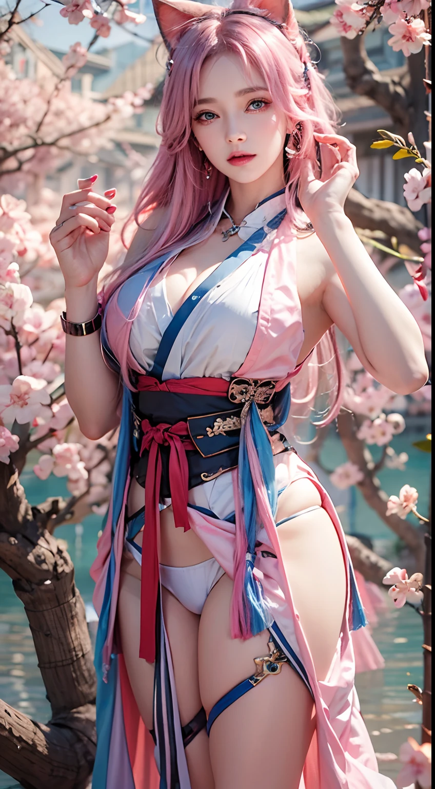 photorealistic, high resolution, soft lights, 1women, solo, hips up, blue eyes, pink hair, long hair, pink cat ears, violet eyes, red hanfu, hips up, jewelry, tattoo, cherry blossom