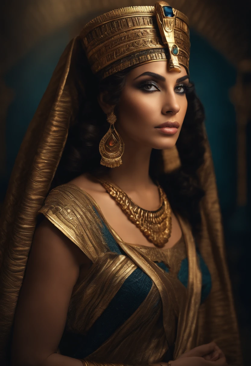 hyper-realistic beautiful portrait of Cleopatra, beautiful face, Olhos bonitos, camera facing, Using the Egyptian crown, dramatic background, Cinematic light
