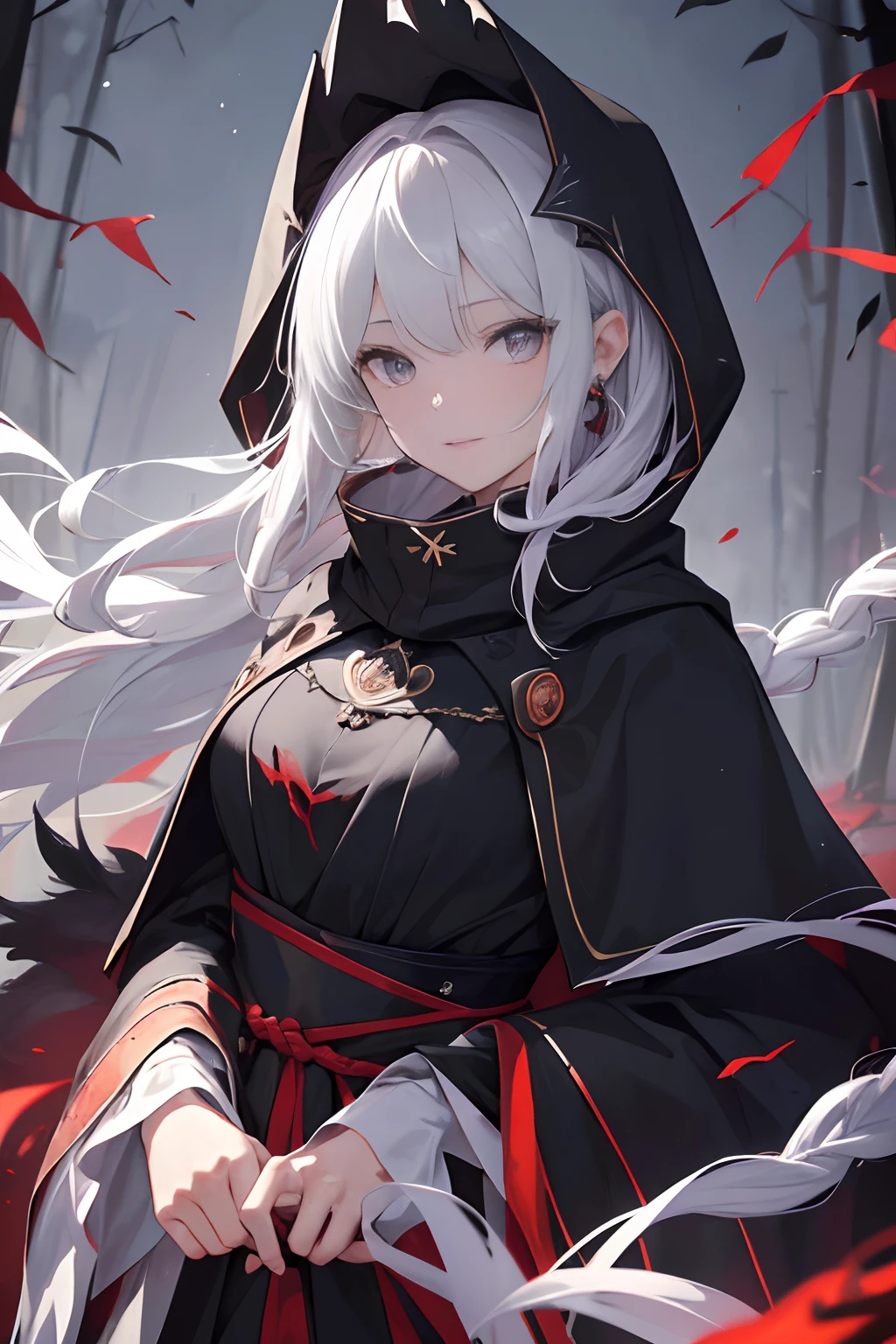 girl with,narrow her eyes,sapphires,ear jewelry,ssmile, Black plumage,, with short gray hair,, long white braid, Prompts are highlighted in black, Black eyes, Black and red pattern robes,very long sleeves,Wrapped in a white bandage stained with blood, Scattered red debris,Delicate and gorgeous full-body black armor, And a fluffy cloak with a black hood. (Best Quality,4K,8K,hight resolution,masutepiece:1.2), Ultra-detailed, (Realistic,Photorealistic,Photorealsitic:1.37), nffsw, hyper HD, Studio Lighting, Ultra-fine painting, Sharp Focus, Physically-based rendering, extreme detail description, Bamboo forest under the moon,