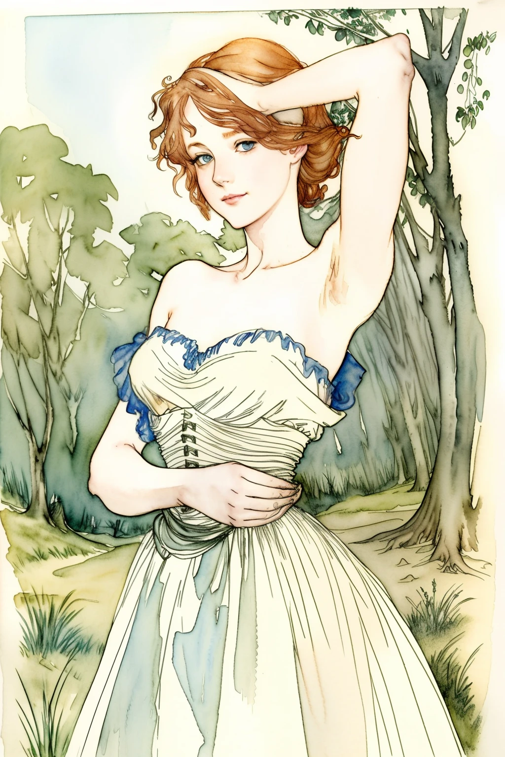 (best quality), ((masterpiece)), 8k 25 year old, redhead girl, alluring, armpit lenght hair (((upturned eyes))) cute ((strapless white dress)) slender build, ((corkscrew hairstyle)) (((arthur rackham watercolor sketch ))) muted palette, in the forest at night