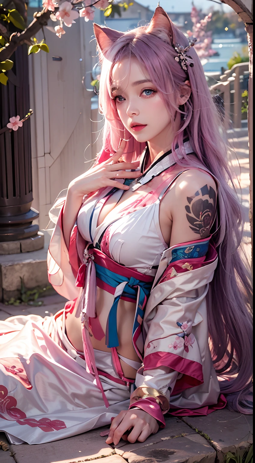 PERFECT MASTERPIECE, EXTREMELY DETAILED CG UNITY 8K UHD QUALITY RESOLUTION, illustration, cartoon, anime, hentai The most beautiful and sexy vampire goddess, oni horns, very long platinum white hair, vibrant red eyes, long detailed eyelashes, blushing, full pouting pink lips, curvy body type, small waist and hips, long slender legs, muscular abs, flat stomach, tiny butt, super huge enormously gigantic tits, cleavage showing, gigantic  bursting out of her kimono, tons of tattoos and piercings, wearing the most beautiful and highly detailed Harajuku-inspired hooded kimono, arching her back in a sexy seductive slutty pose, looking at the viewer, full body portrait, close up pov camera view from below, sexy seductive slutty facial expression, cherry blossoms blowing in the wind, aesthetic atmospheric dreamlike blood splattered background 