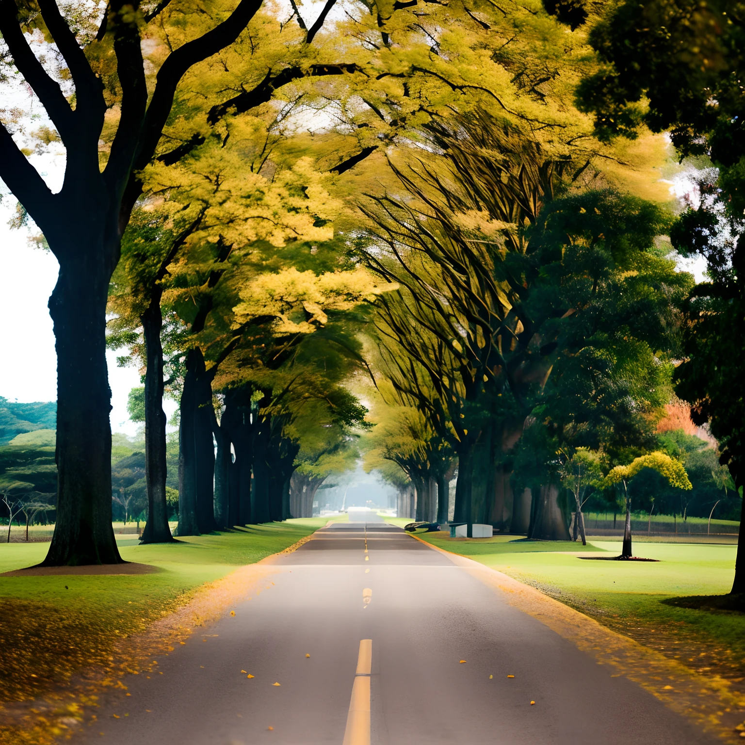 There is a bicycle parked on the side of a road, breath - taking beautiful trees, breath-taking beautiful trees, no outono, no outono, beautiful trees, amazing color photograph, Outono dourado, bela fotografia, autumn season, por Gang Se-hwang, cores amarelas, tonalidade amarela, Seul, cores amarelas, Cores verde e amarelo, amarelo e verde, tema amarelo